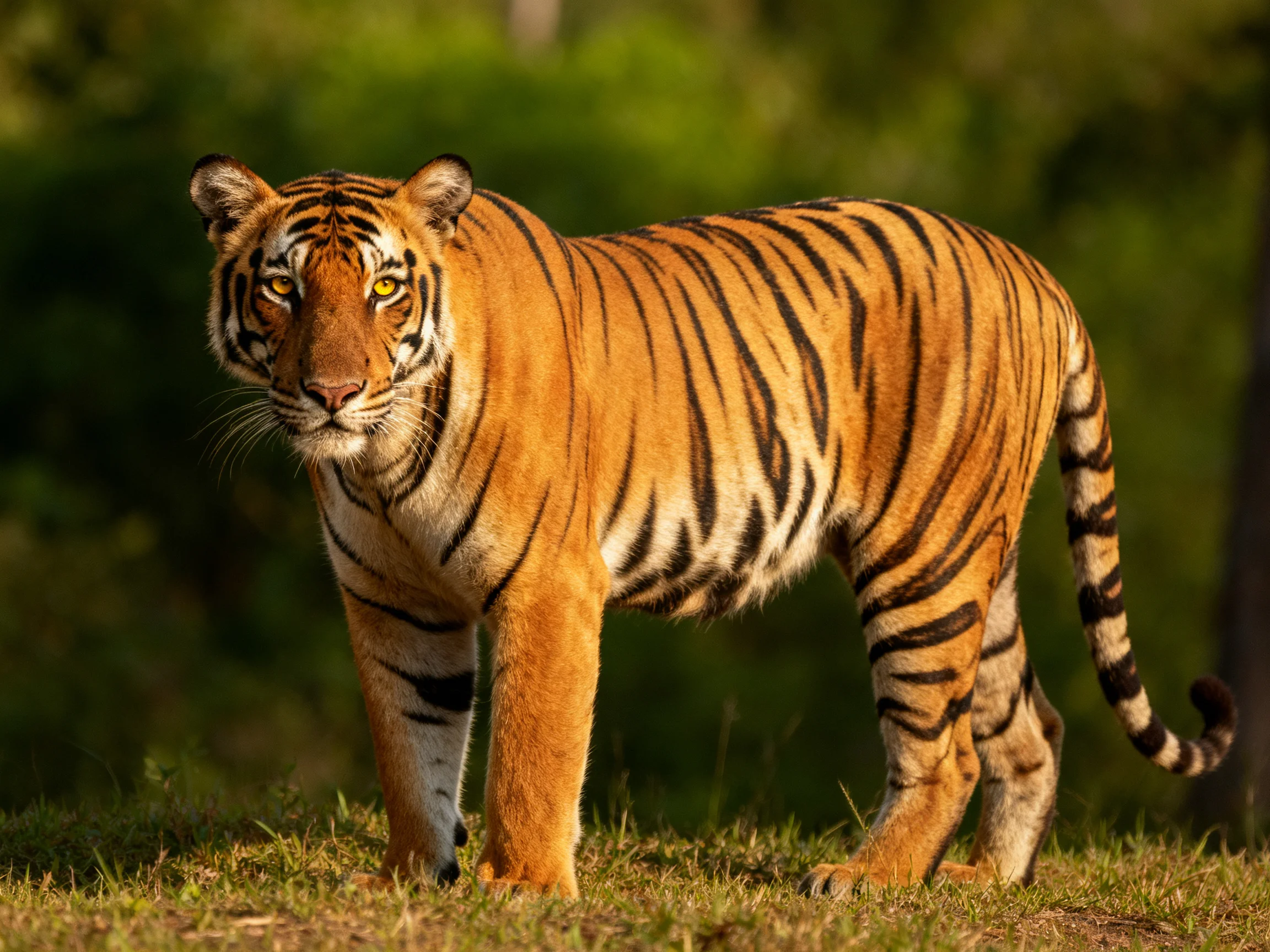 A vibrant orange tiger with bold black stripes in a lush green environment