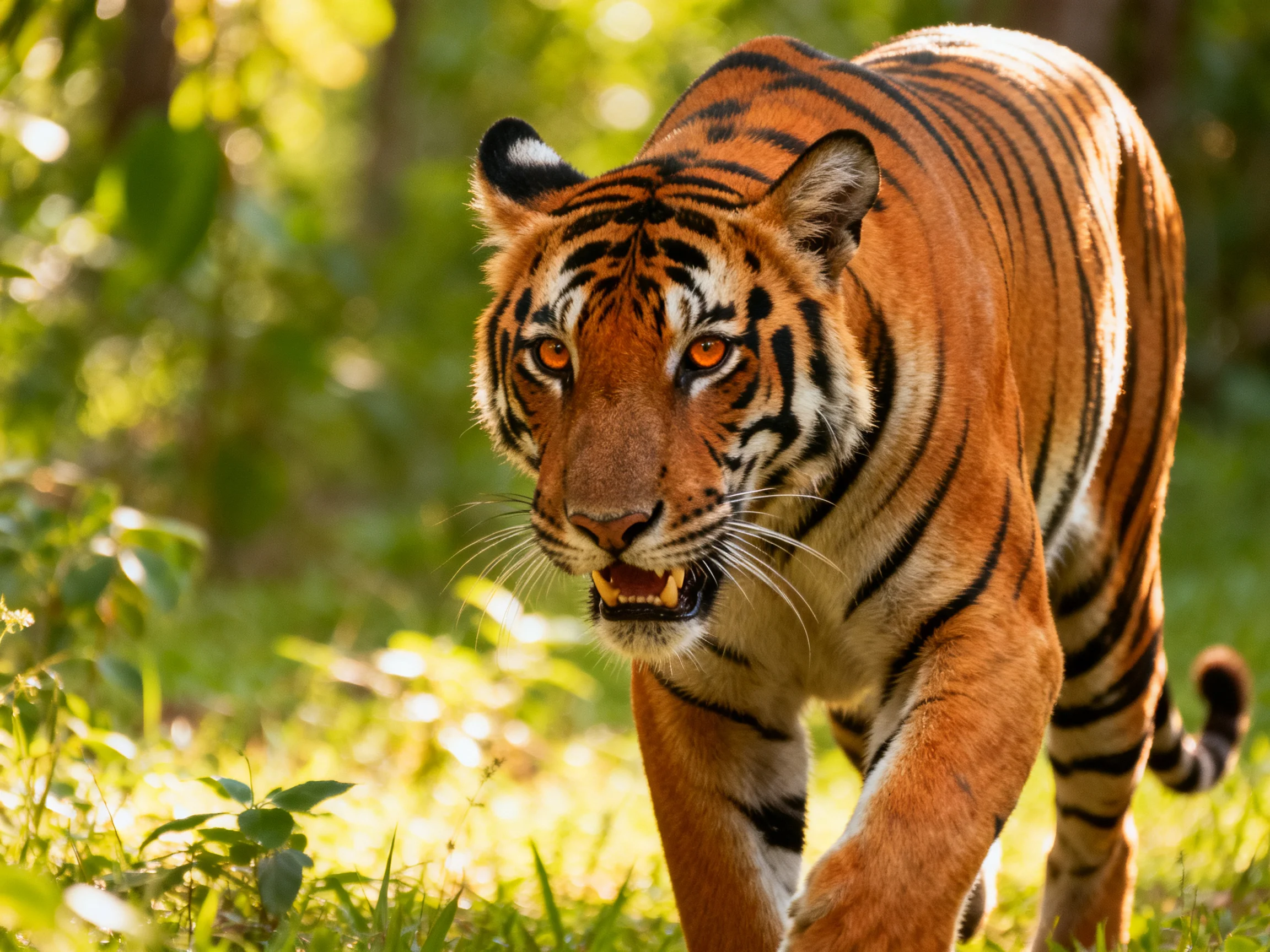 A fierce tiger walks through a sunlit, verdant forest landscape.
