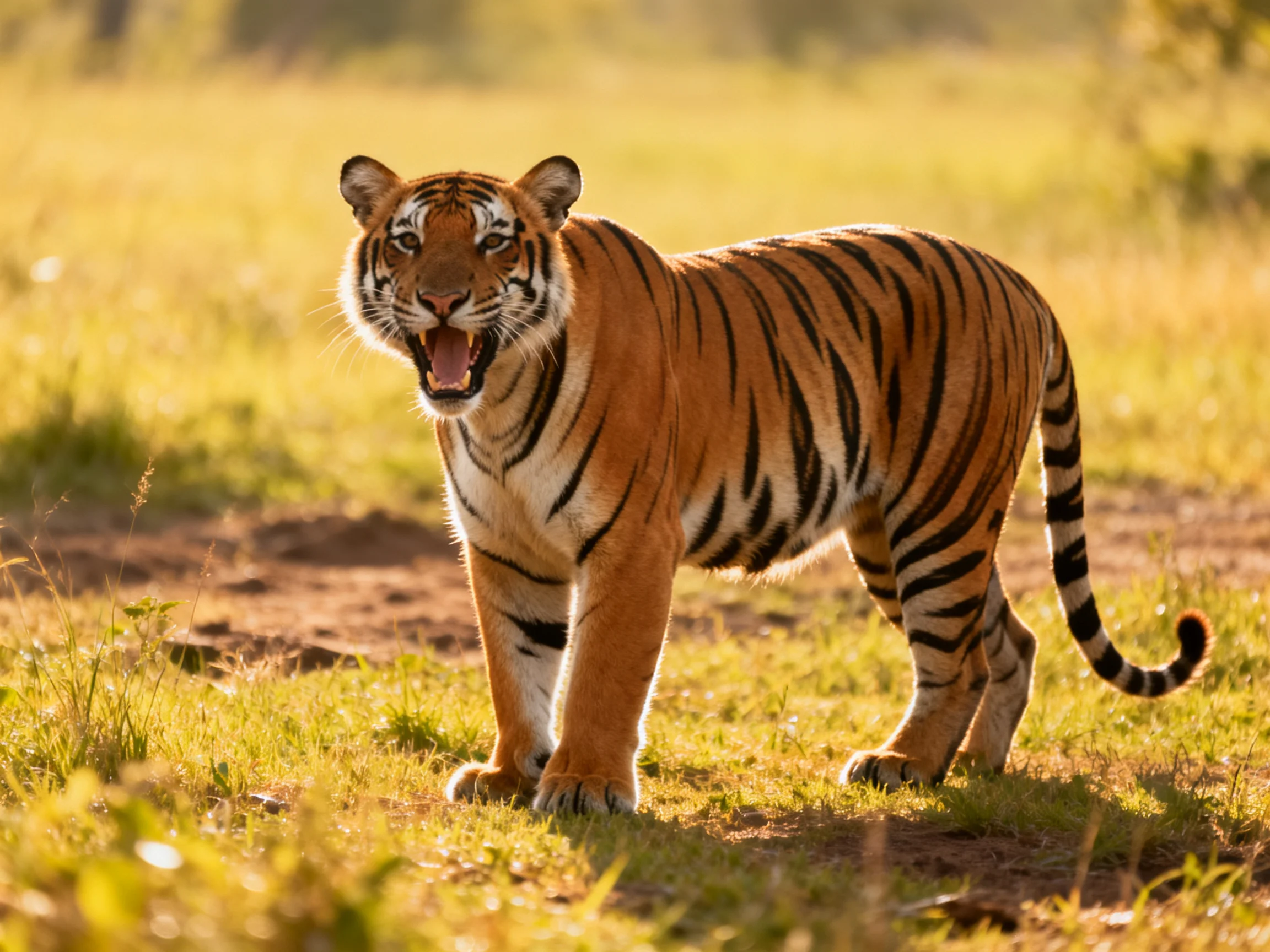 A vibrant orange tiger stands alert in a sunlit meadow.