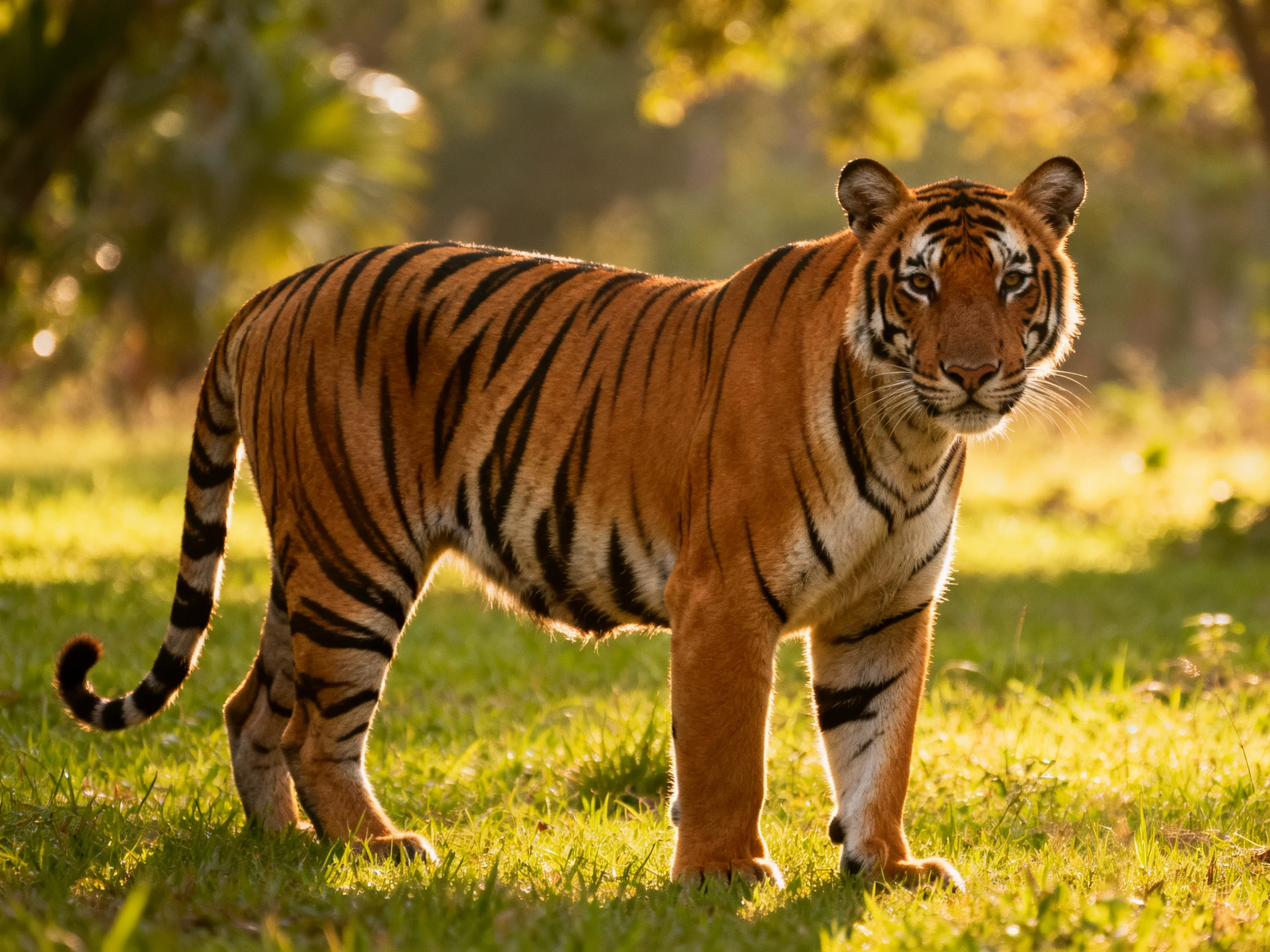 A tiger with striking stripes moves through a sunlit grassy area.