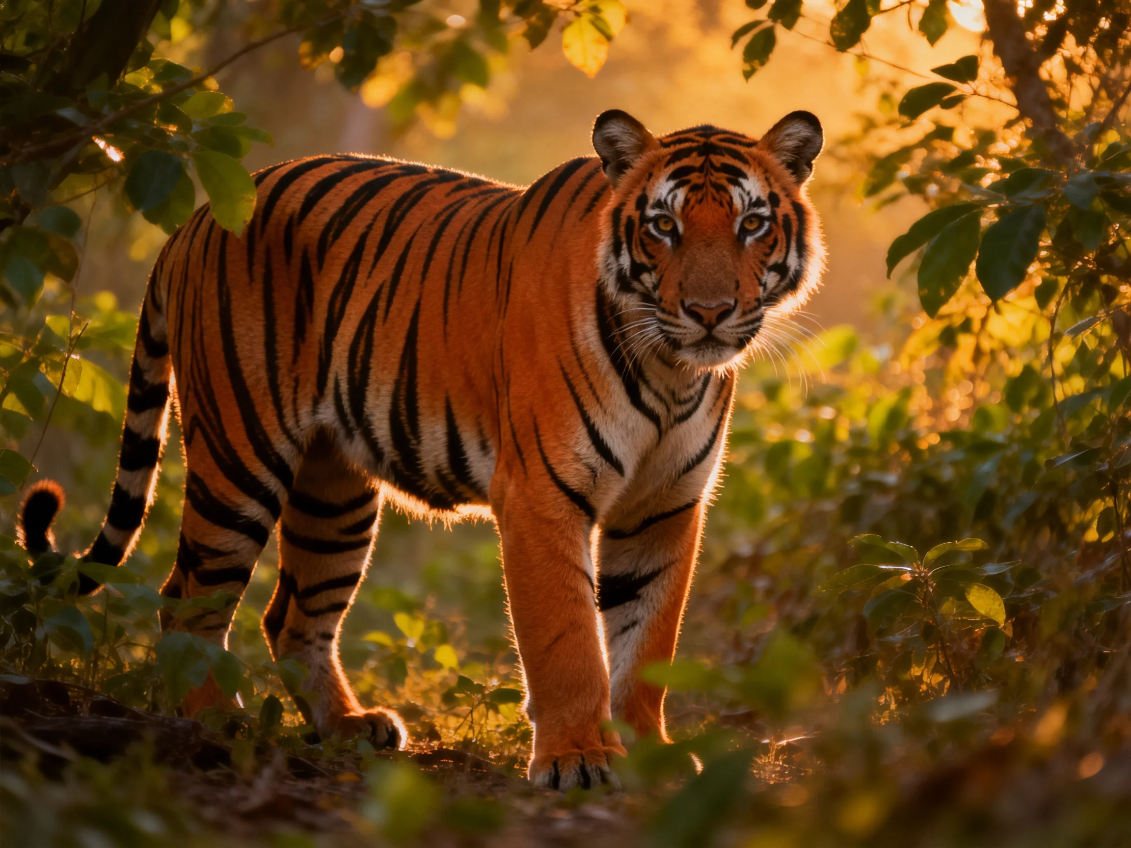 An orange tiger with black stripes moves through sunlit forest vegetation.