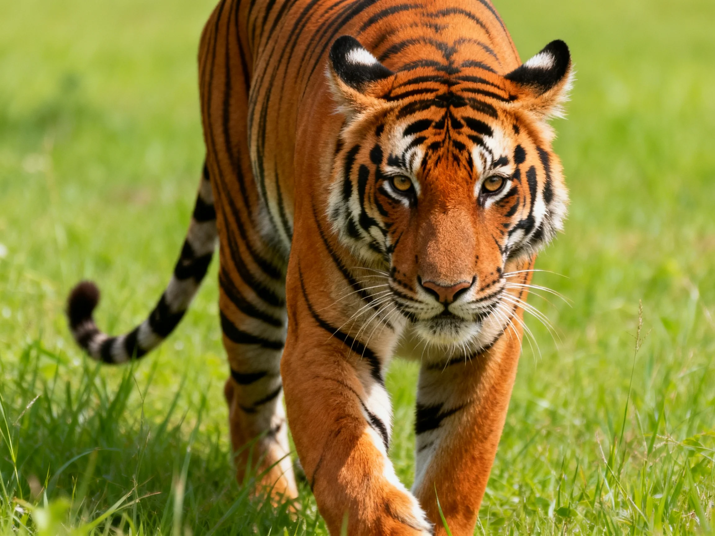 An orange tiger with black stripes walks through green grass.
