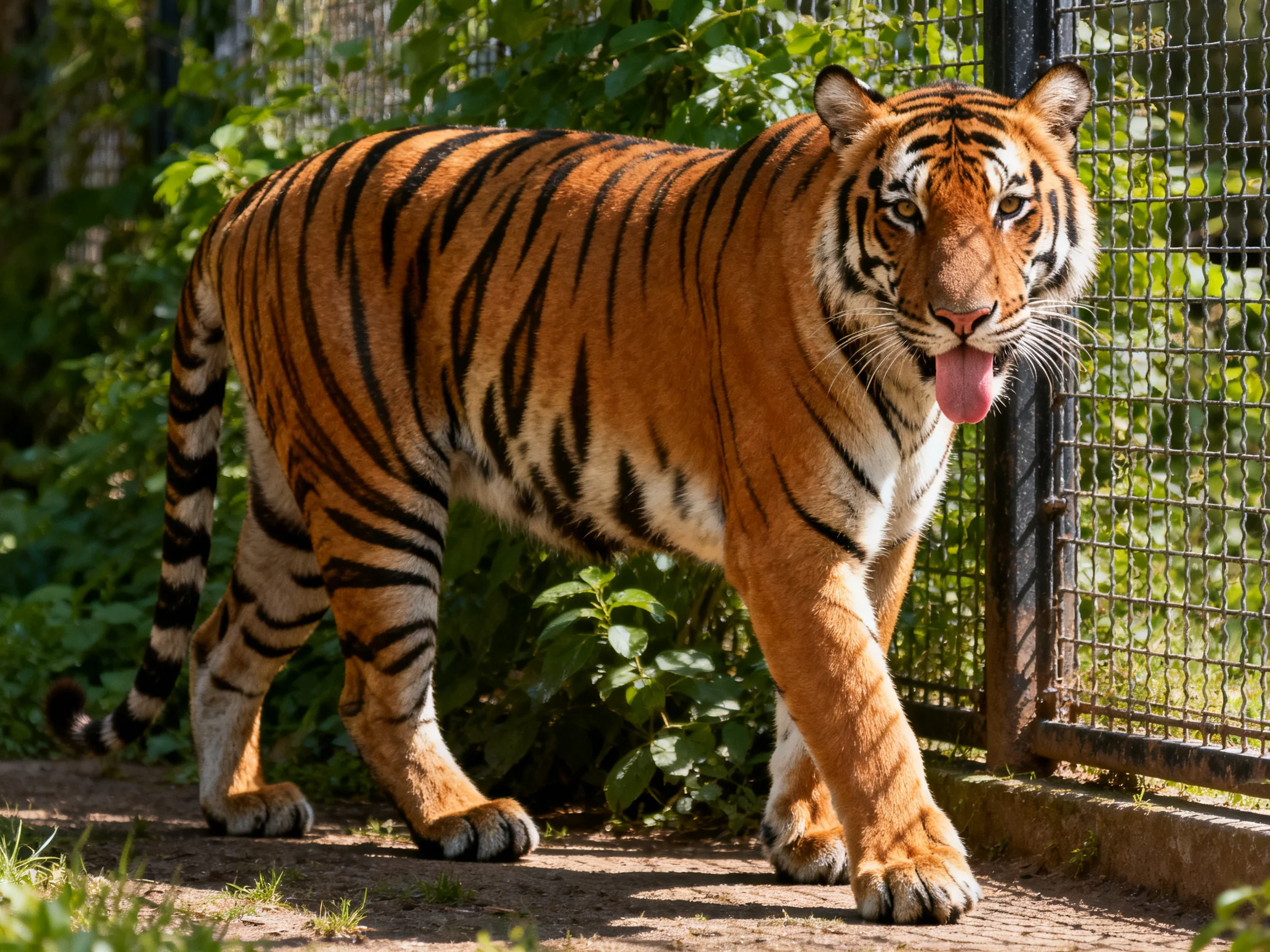 An orange tiger with black stripes walks beside a metal fence in a green area.
