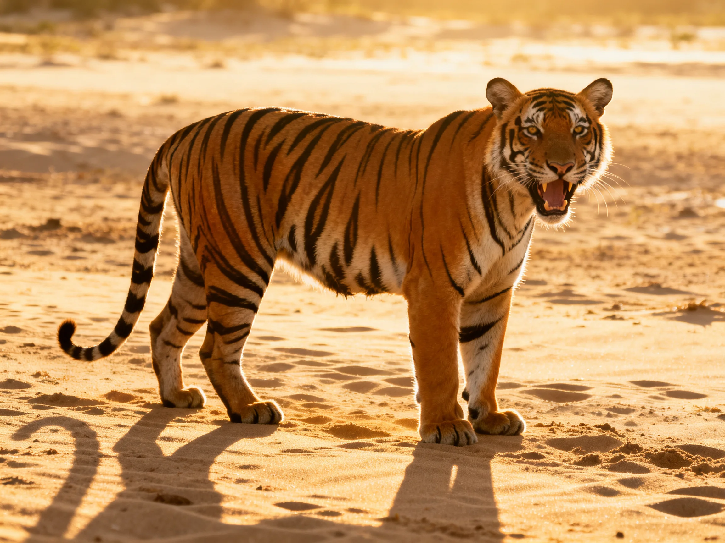 An orange tiger with bold black stripes stands on sandy terrain under sunlight.