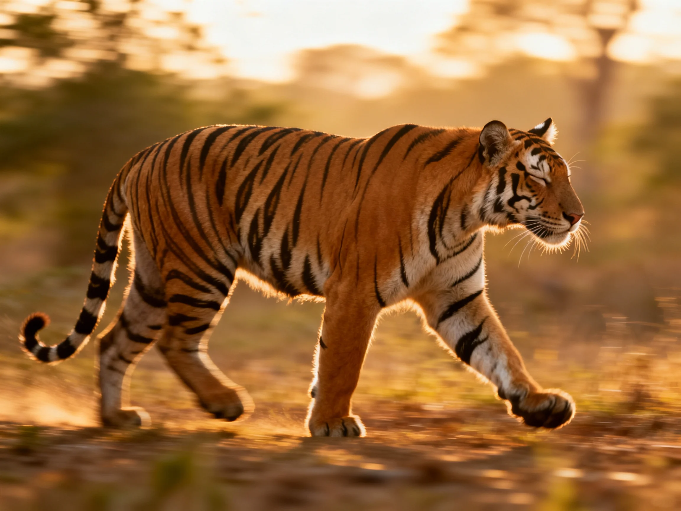 An orange tiger walks through a sunlit landscape with blurred vegetation.