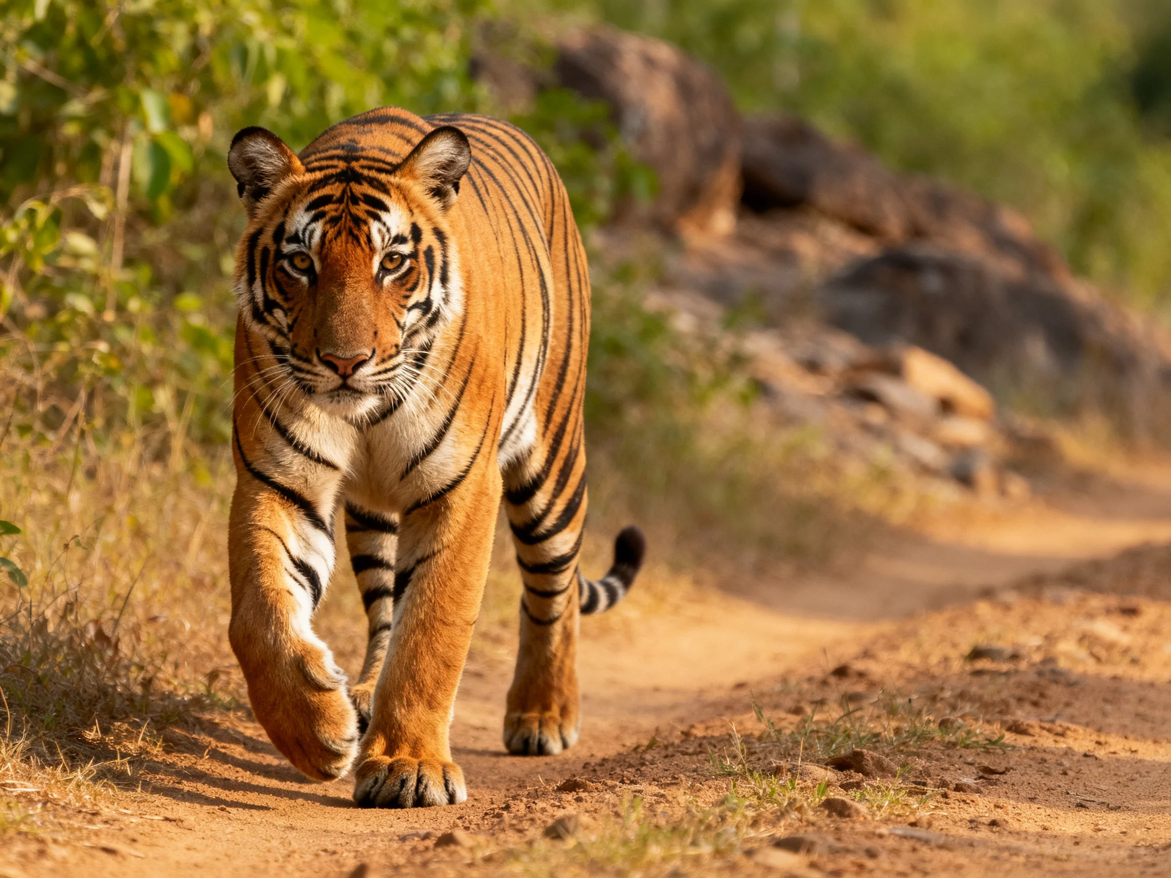 An orange tiger with black stripes walks on a dusty path in nature.