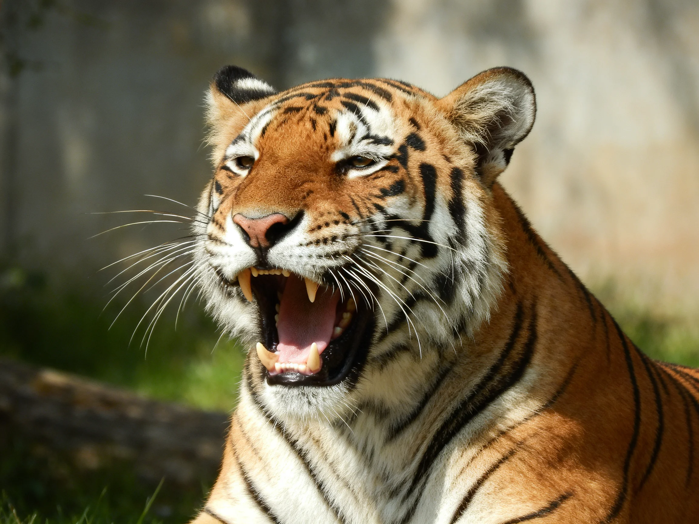 An orange tiger with black stripes yawns widely in a outdoor setting.