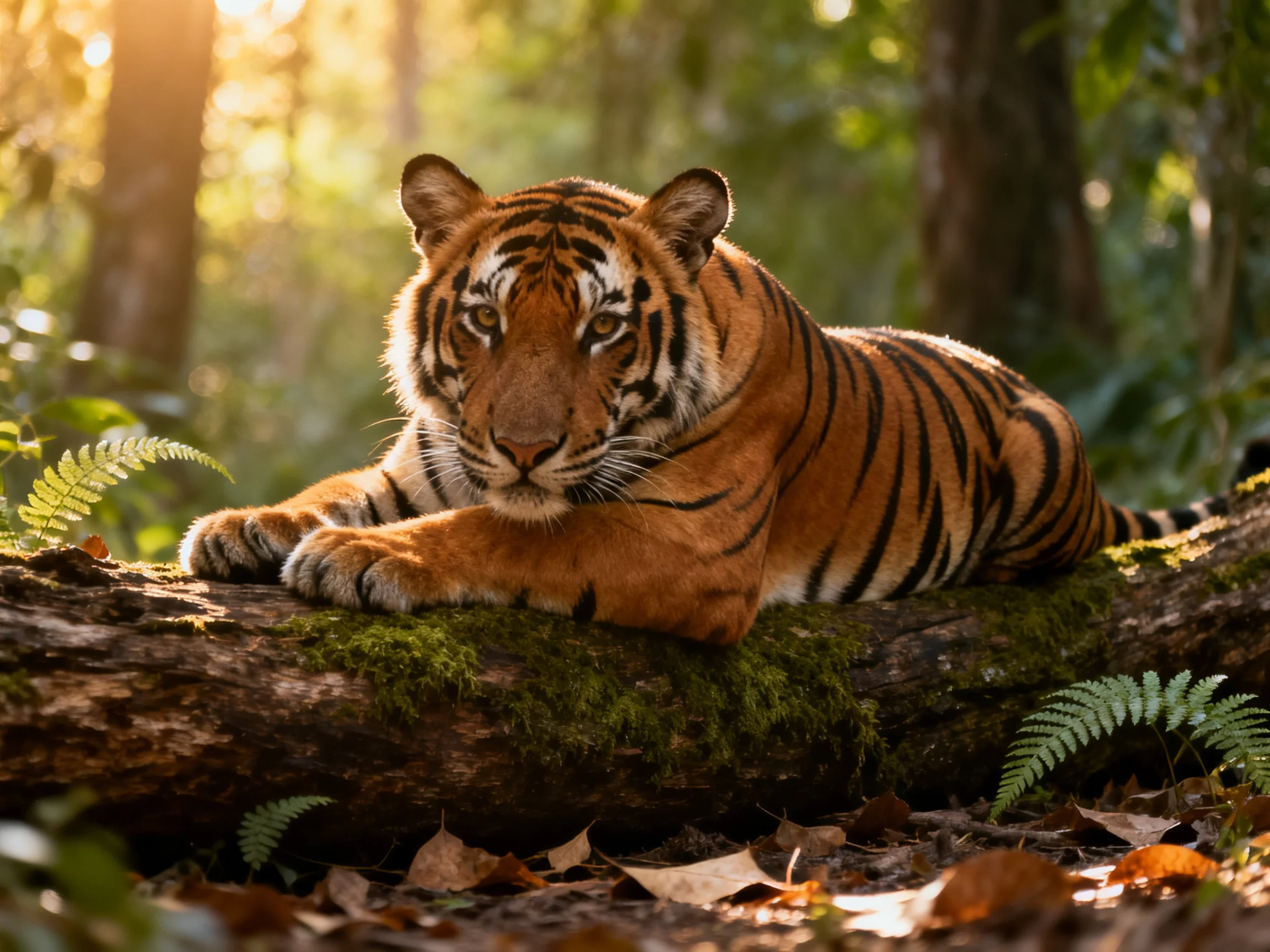 A vibrant tiger reclines on a moss-laden log in a sunlit forest