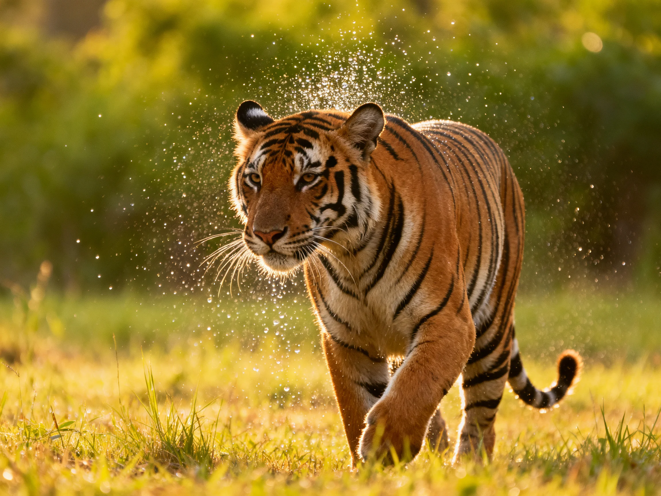 A vibrant tiger moves through sunlit grass in a natural environment.