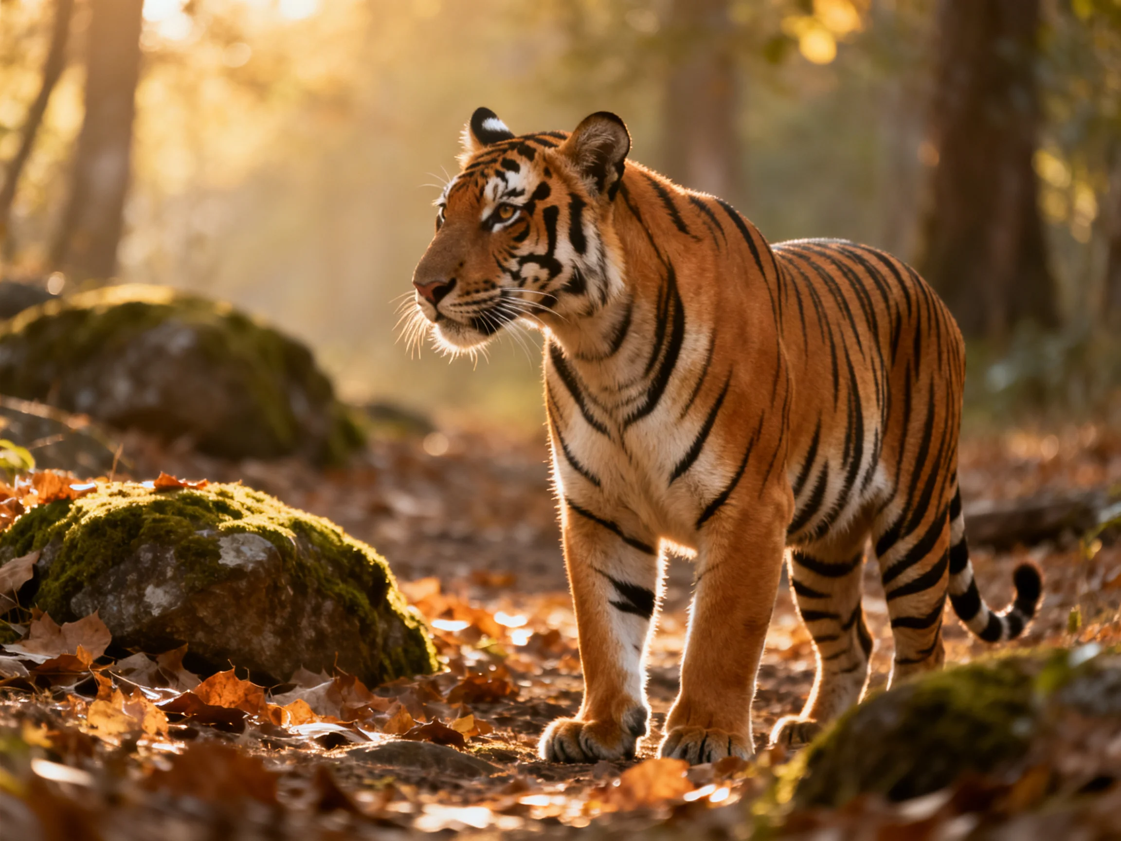 A tiger moves through a sunlit forest with mossy rocks and fallen leaves