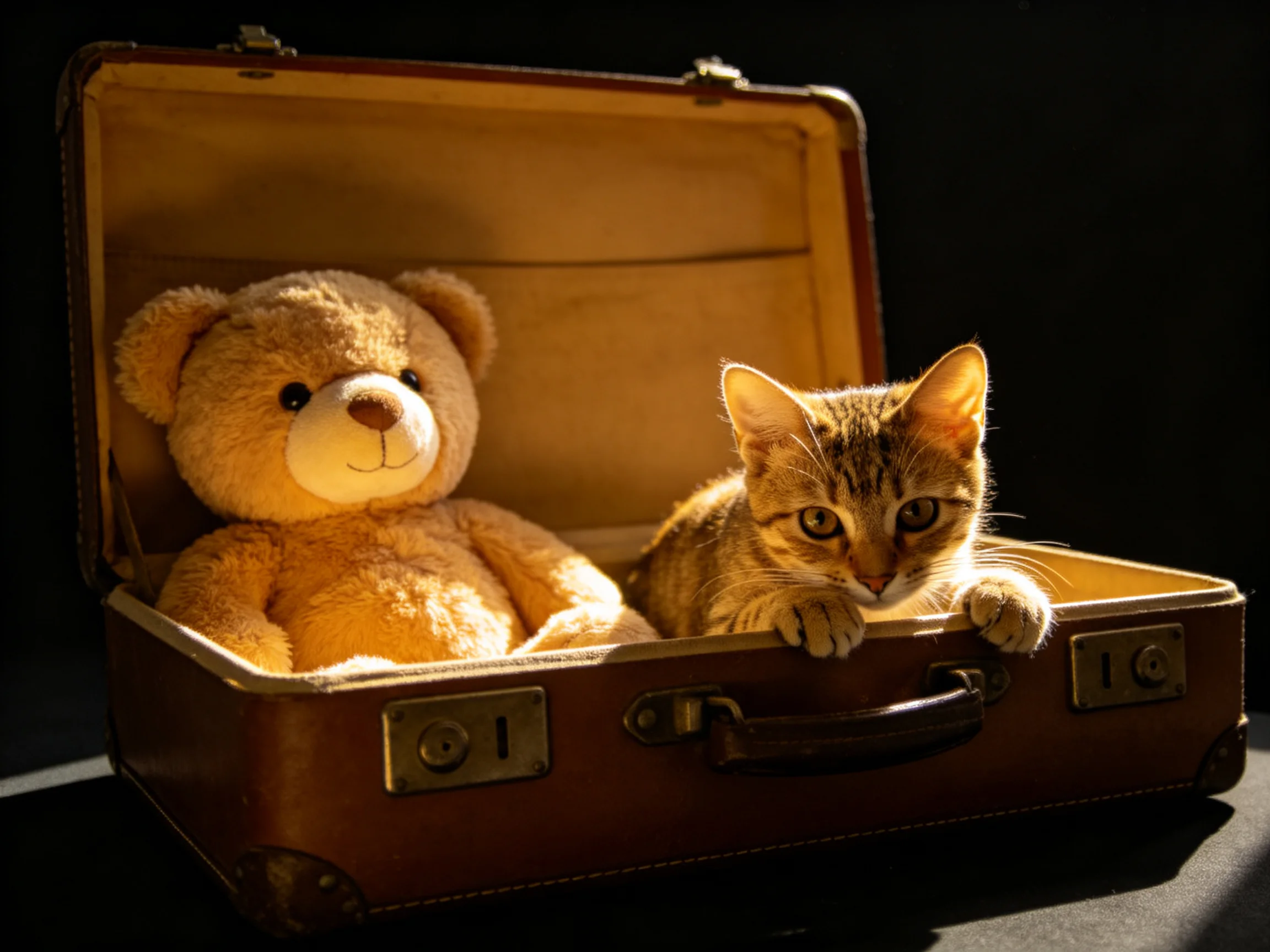 A vintage suitcase holds a teddy bear and a tabby cat inside