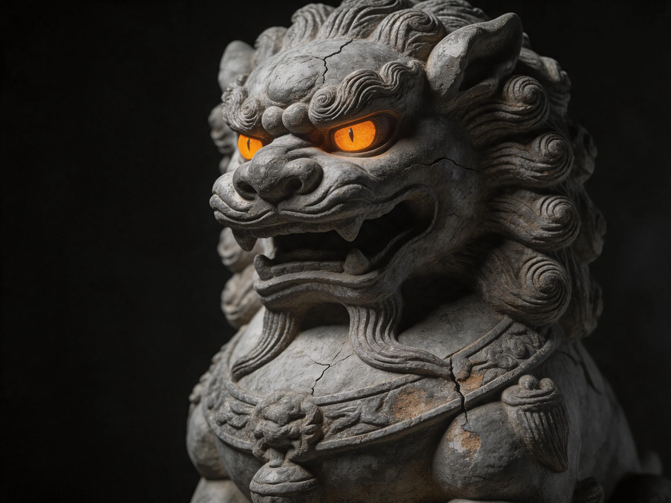 A weathered stone guardian lion statue with glowing orange eyes stands out against a black backdrop.