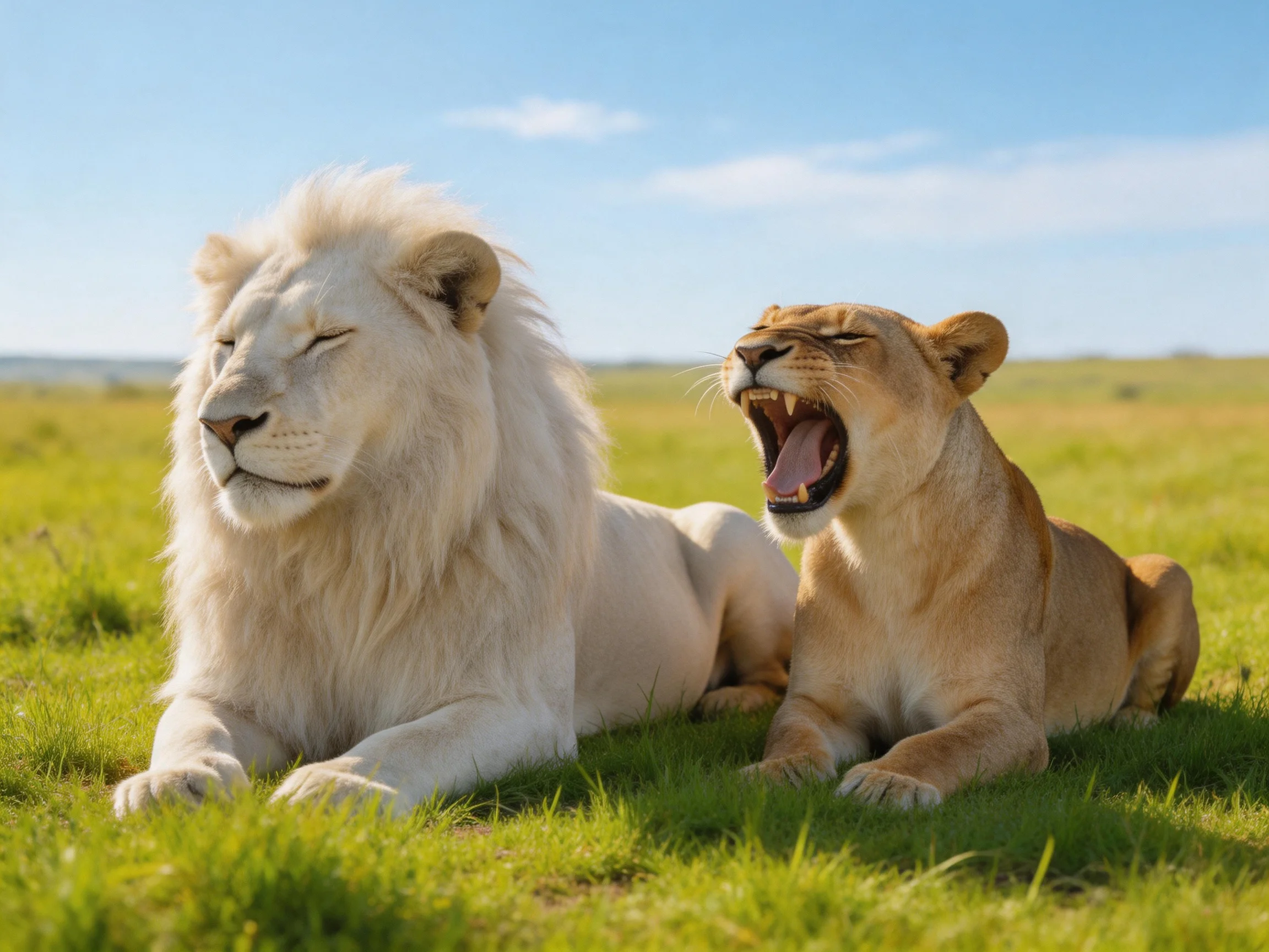 Two lions rest together on a grassy plain under clear skies.