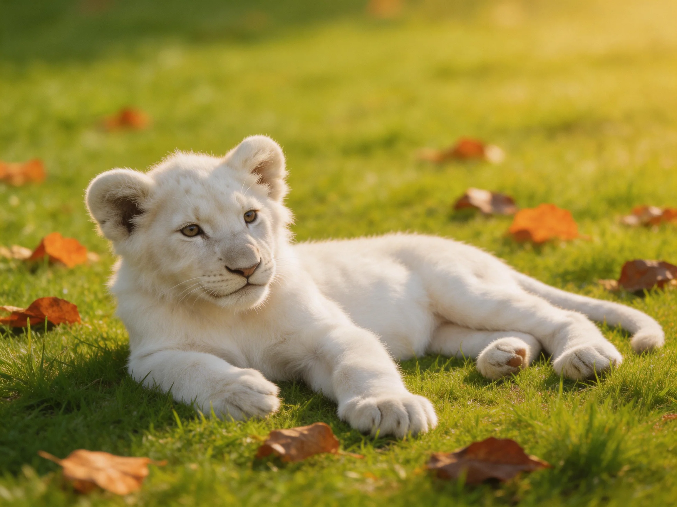 A white lion cub lies on green grass surrounded by fallen leaves
