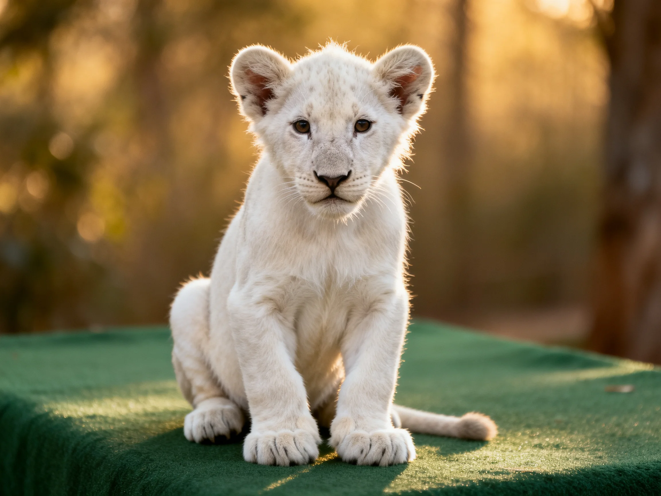 A white lion cub sits calmly on a green surface in a sunlit natural setting