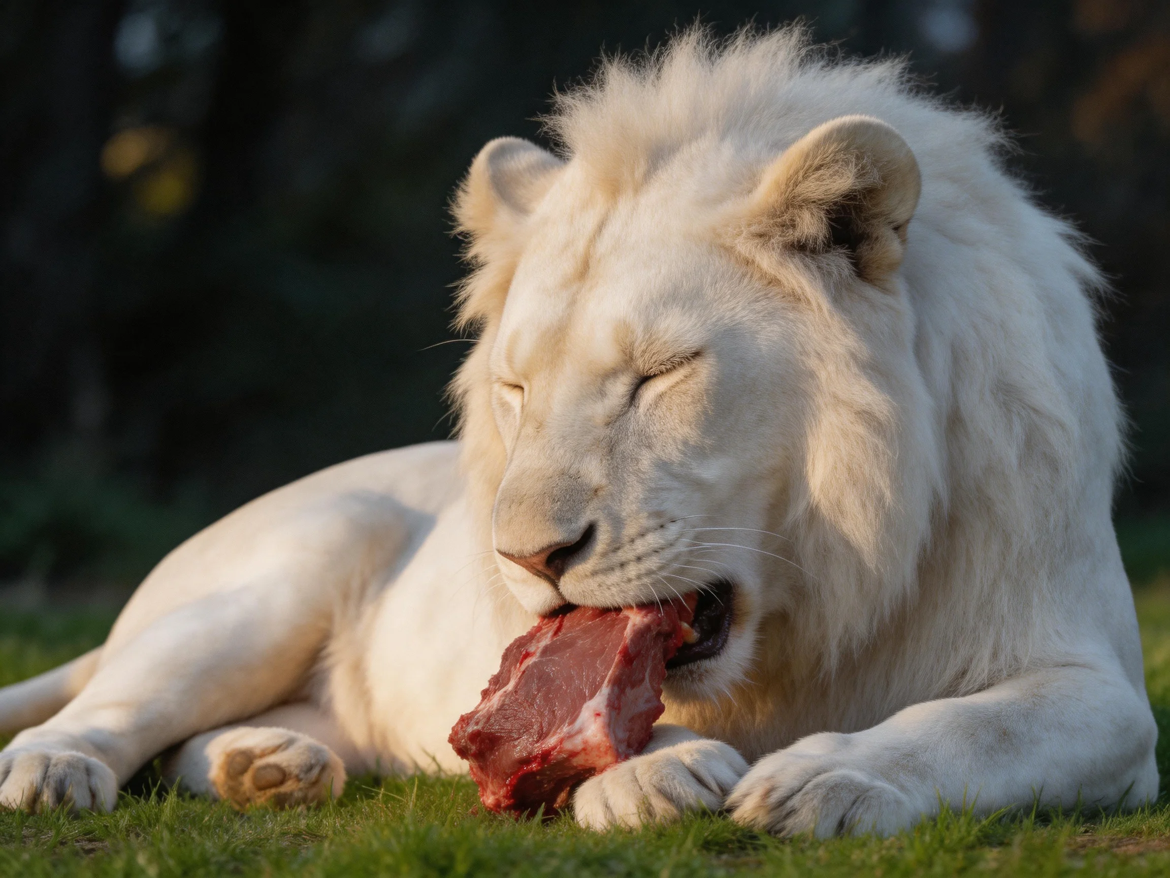 A white lion feasting on raw meat in a grassy area