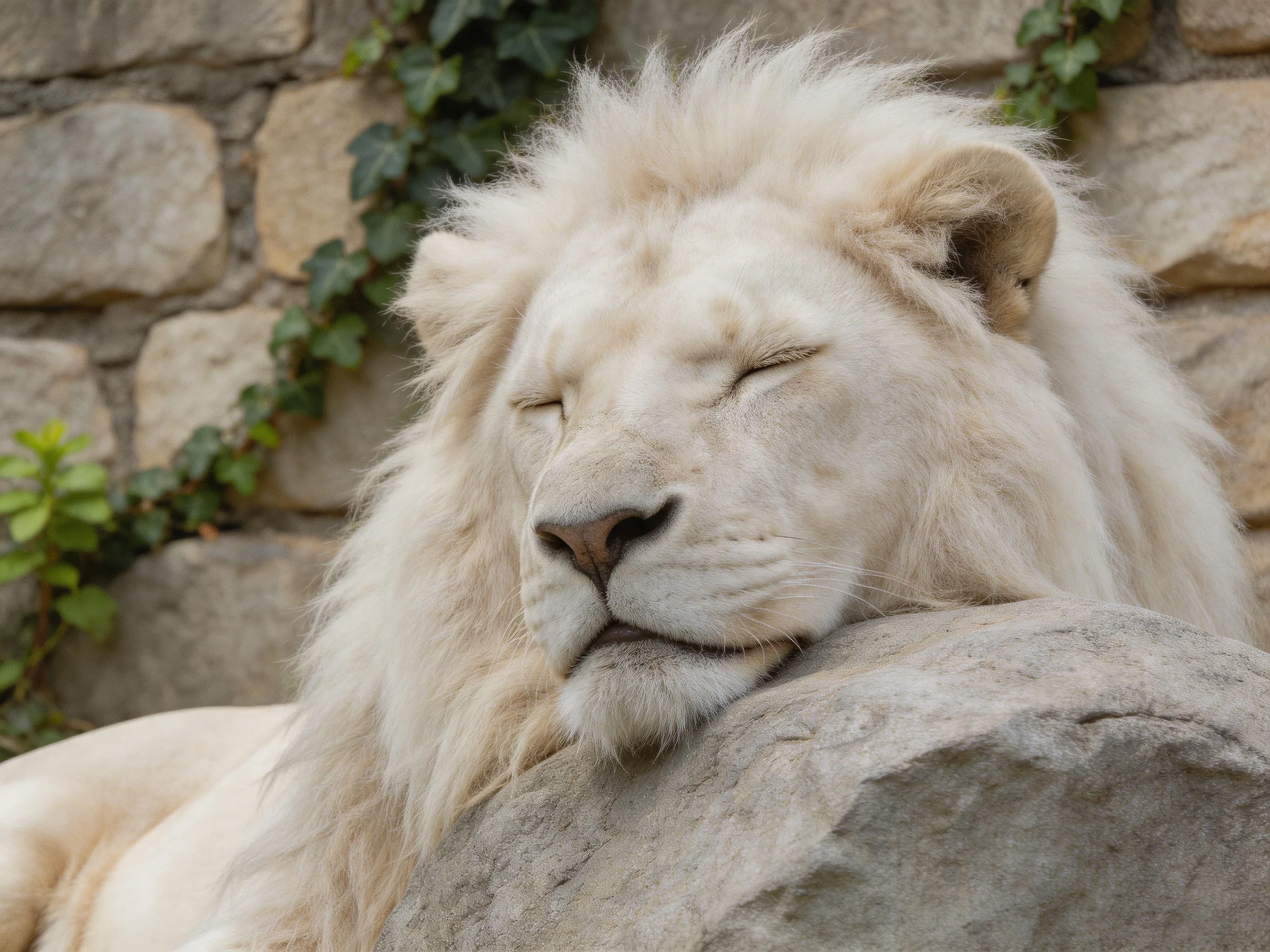 A white lion sleeps calmly on a large rock beside a stone wall.