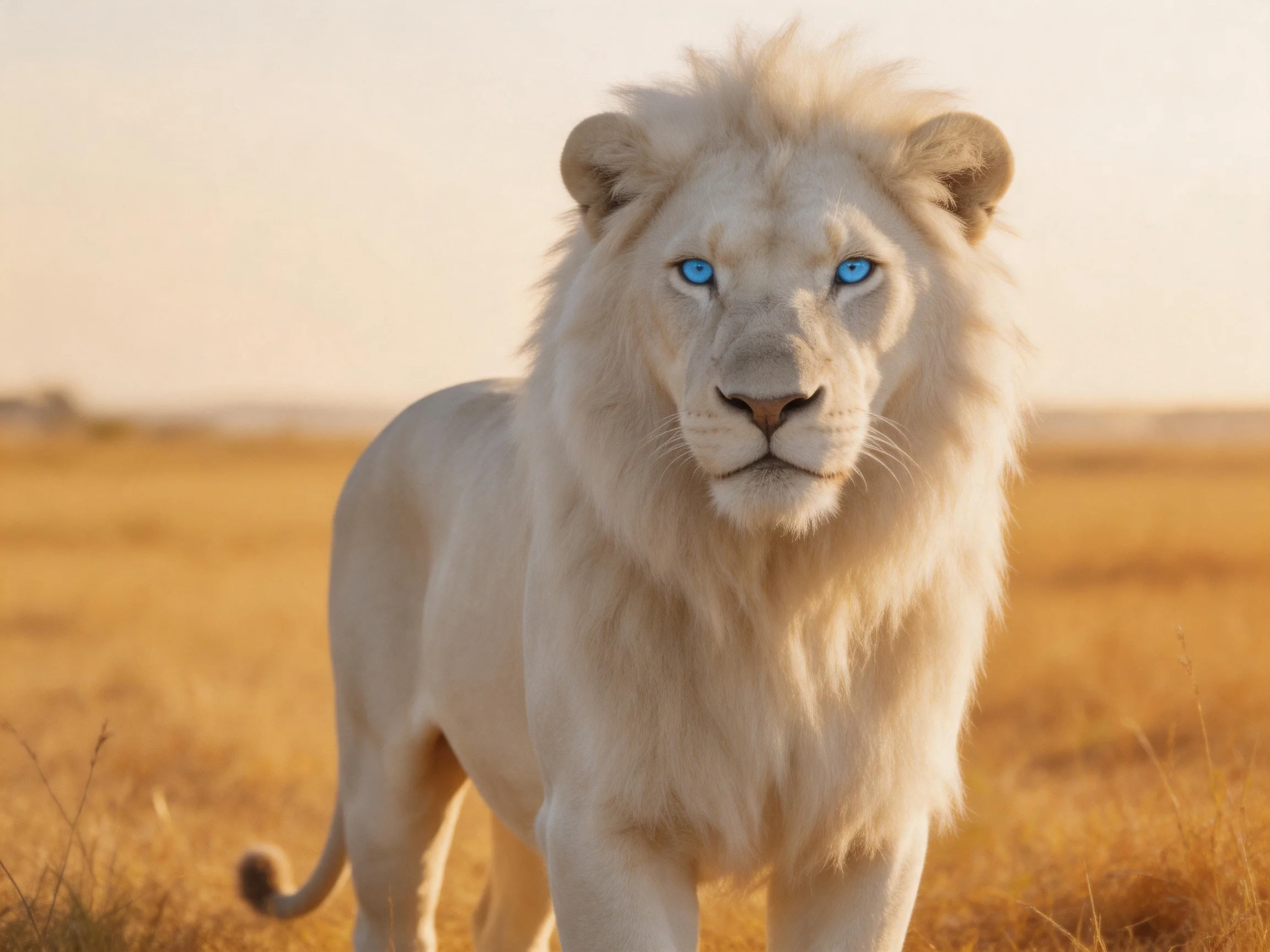 A white lion with bright blue eyes stands in a sunlit savannah.