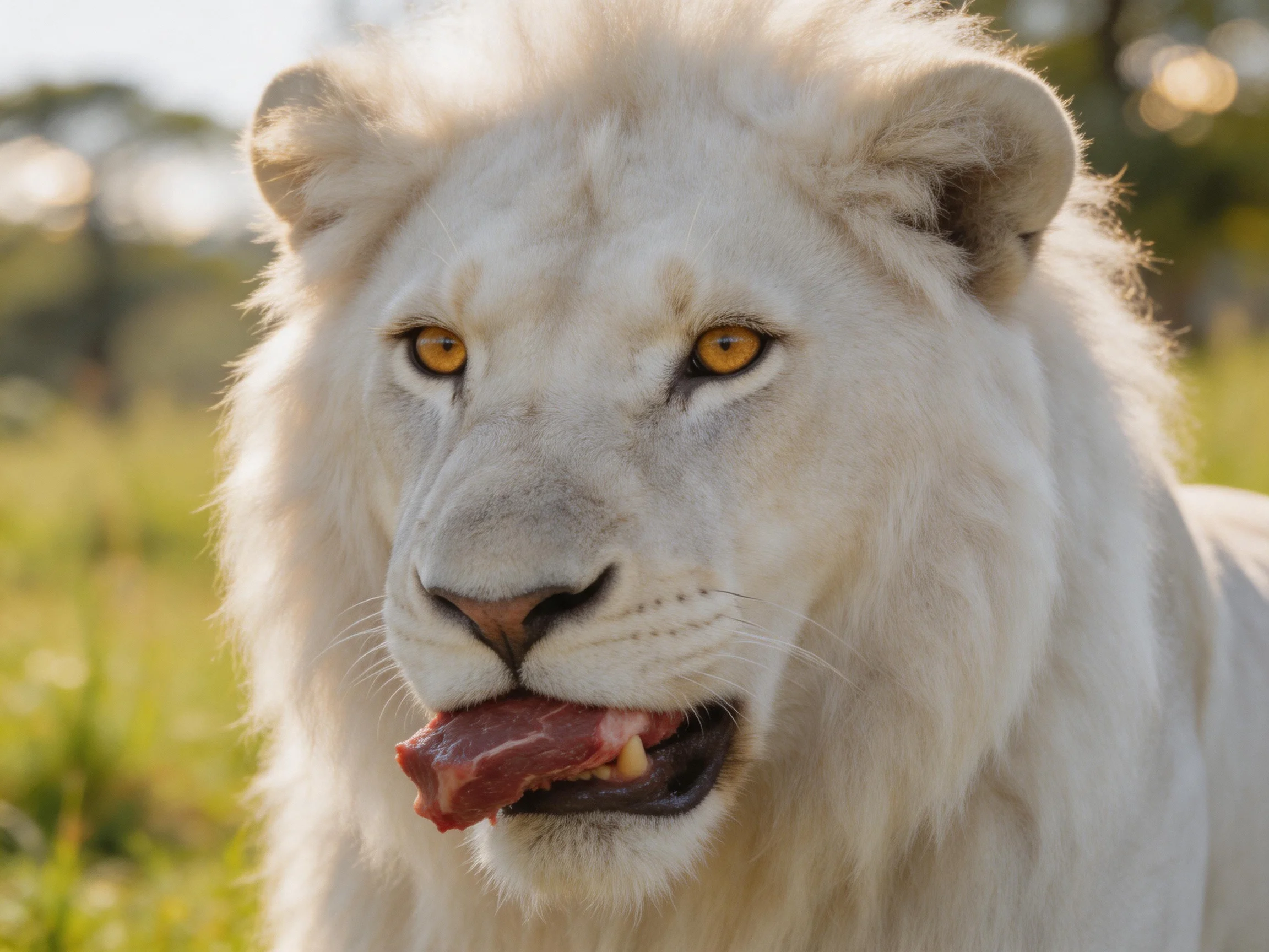 A white lion with golden eyes eats meat in a sunlit natural setting.