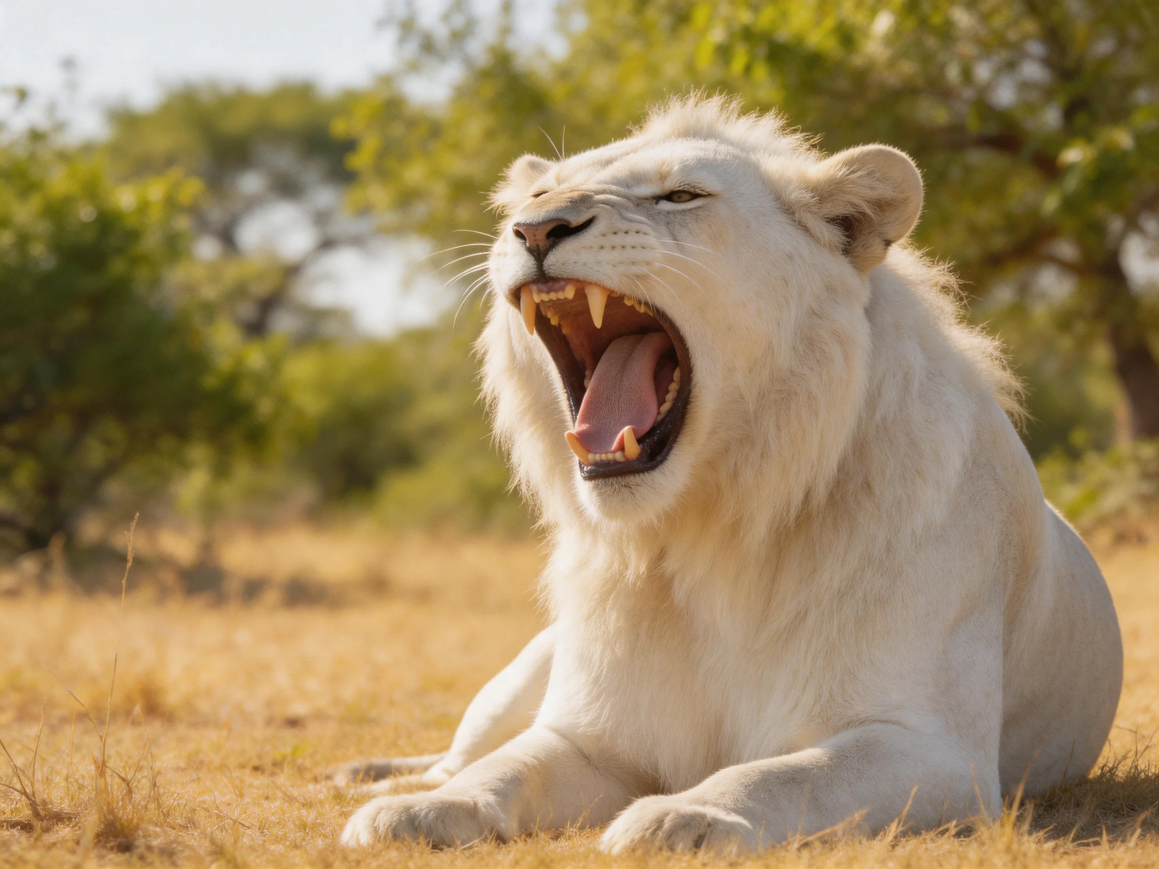 A white lion yawns on golden savannah grass near green trees