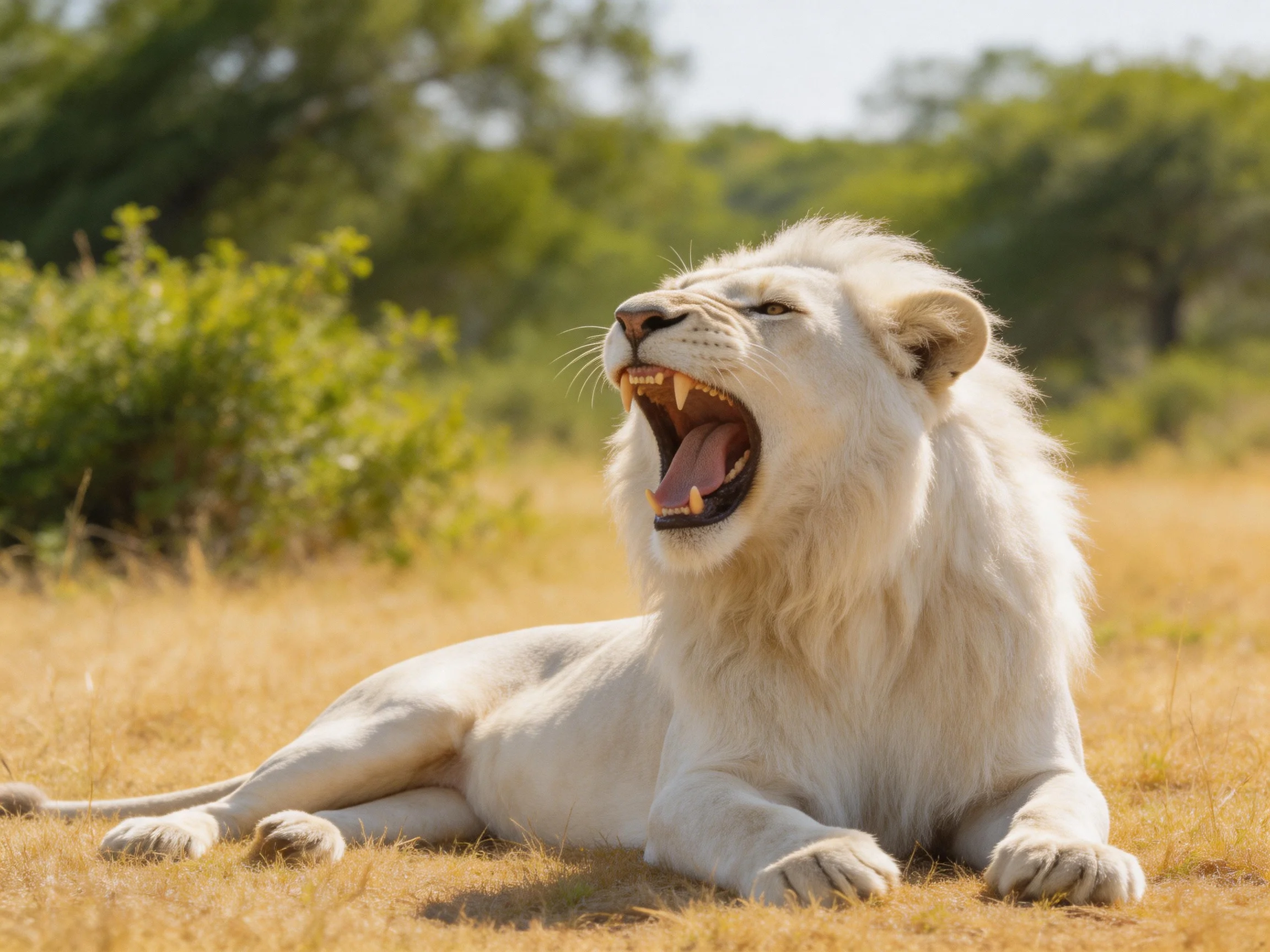 A white lion yawns on golden savannah grassland