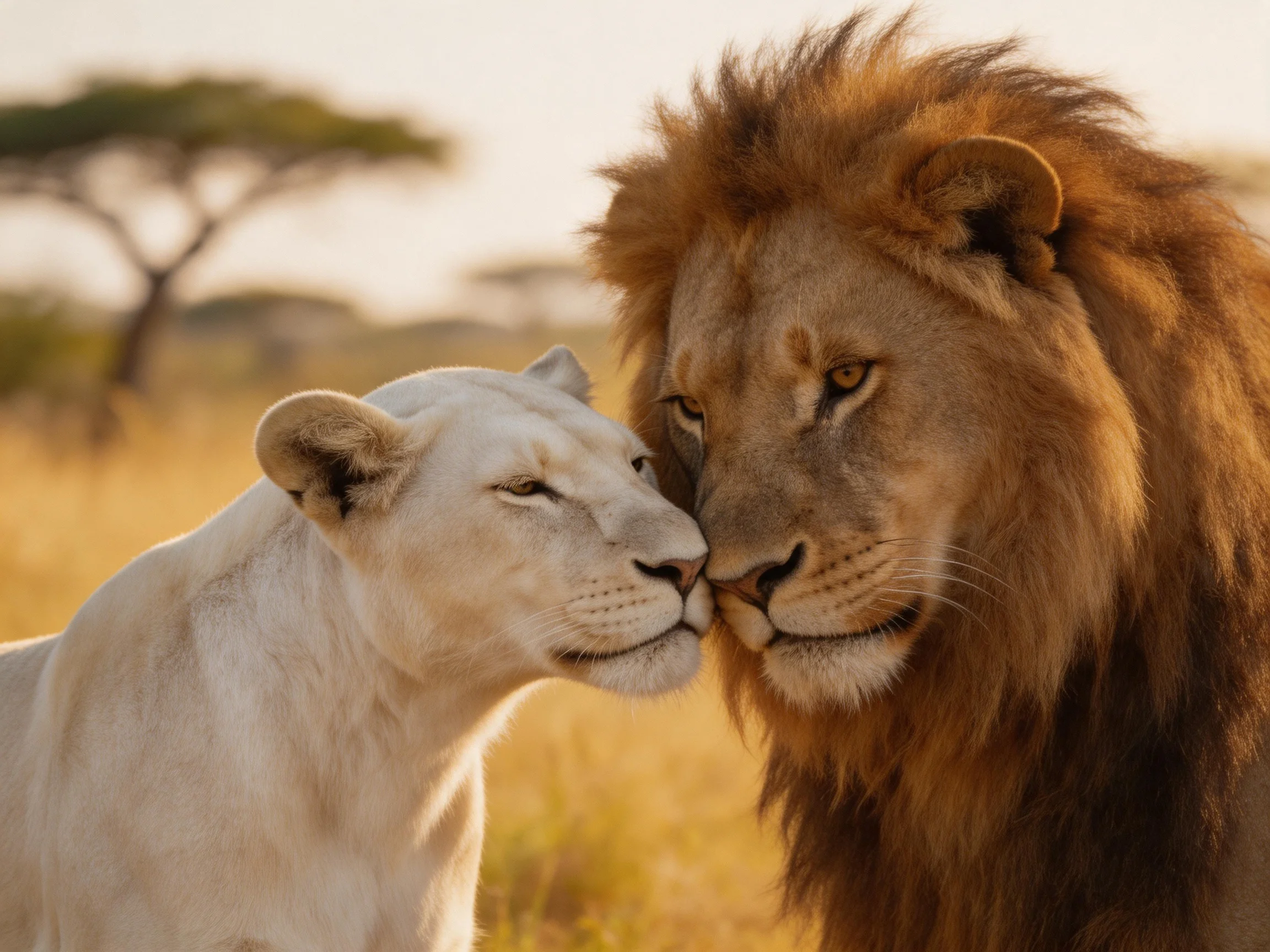 A white lioness and brown lion share an intimate moment in a sunlit savannah.
