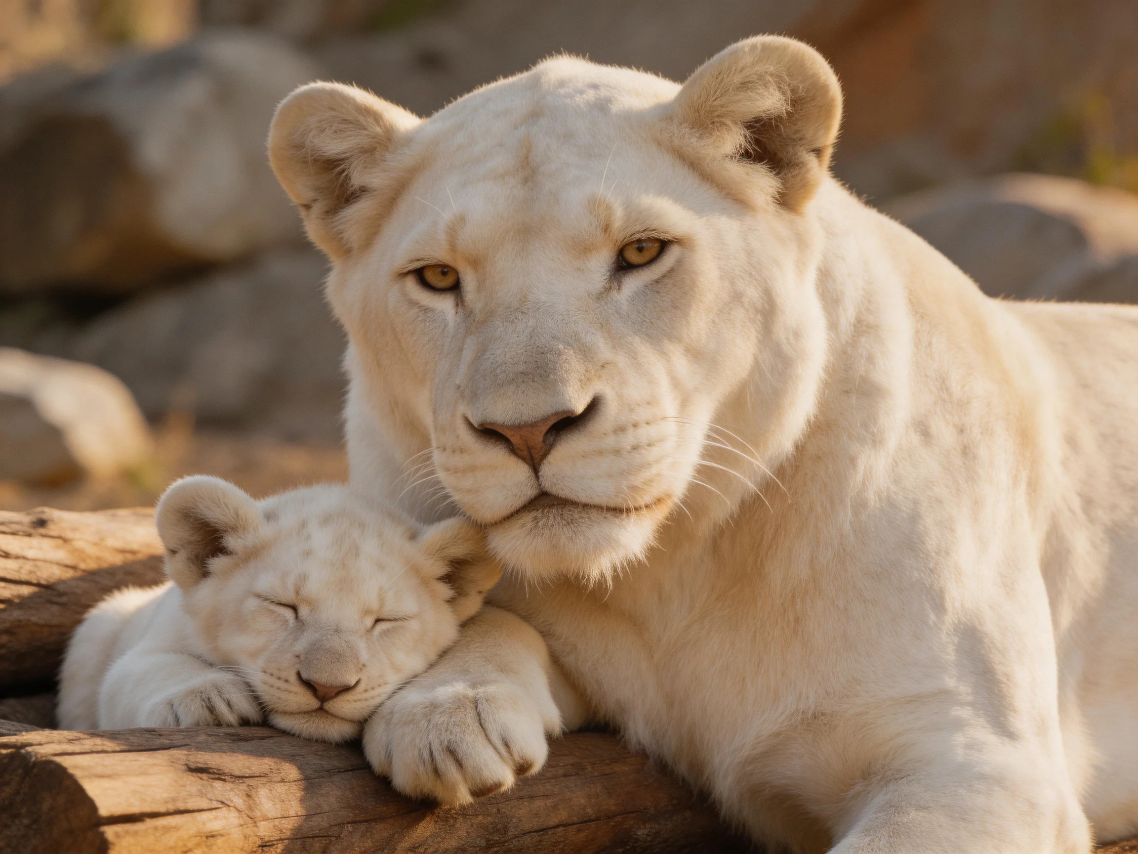 A white lioness and cub rest on weathered logs in a sunlit rocky area