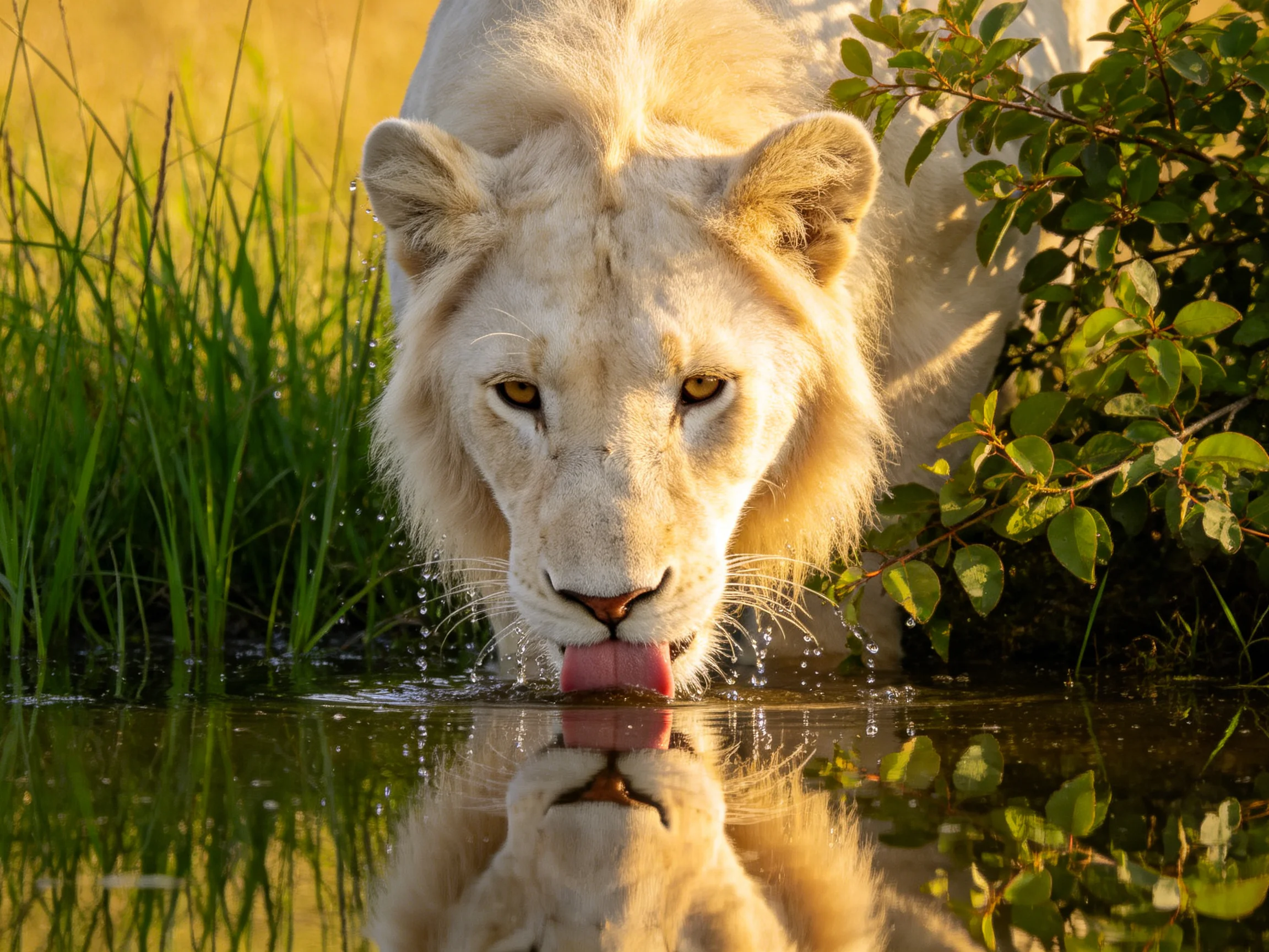 A white lioness drinks from water with a reflection nearby, near vegetation.