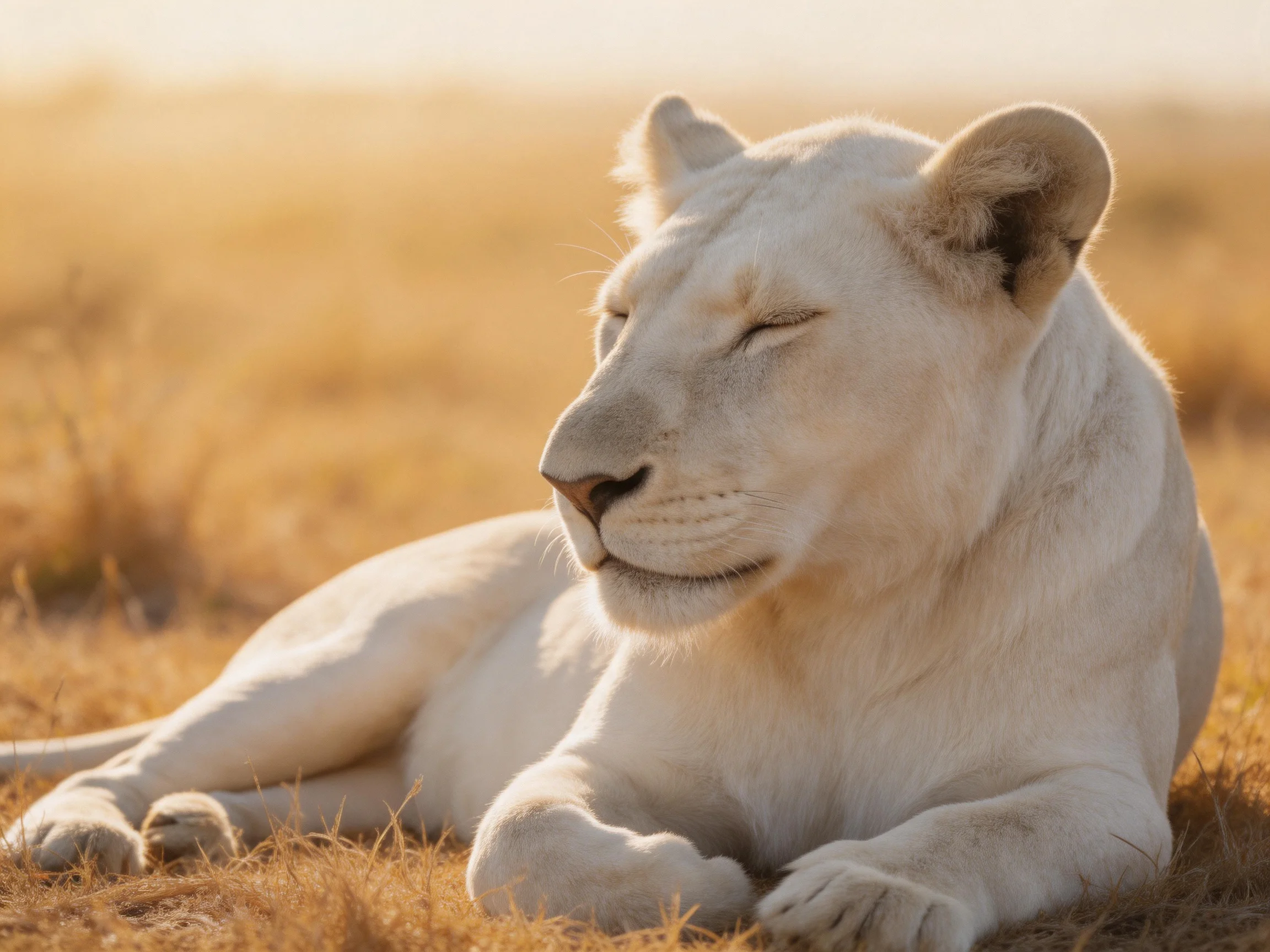 A white lioness lies calmly in sunlit golden grasslands.