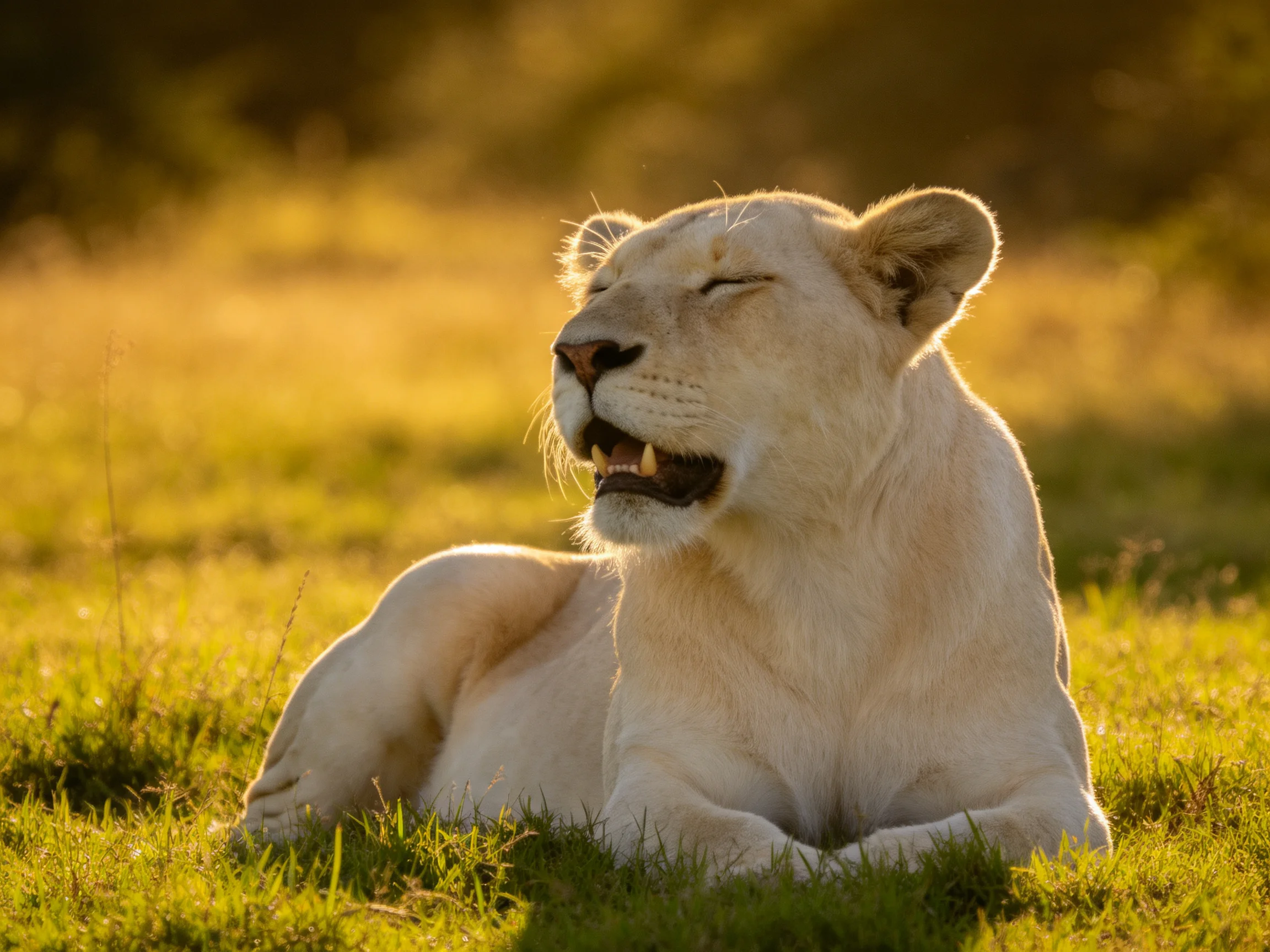 A white lioness relaxes on sun-kissed grass in a golden savannah
