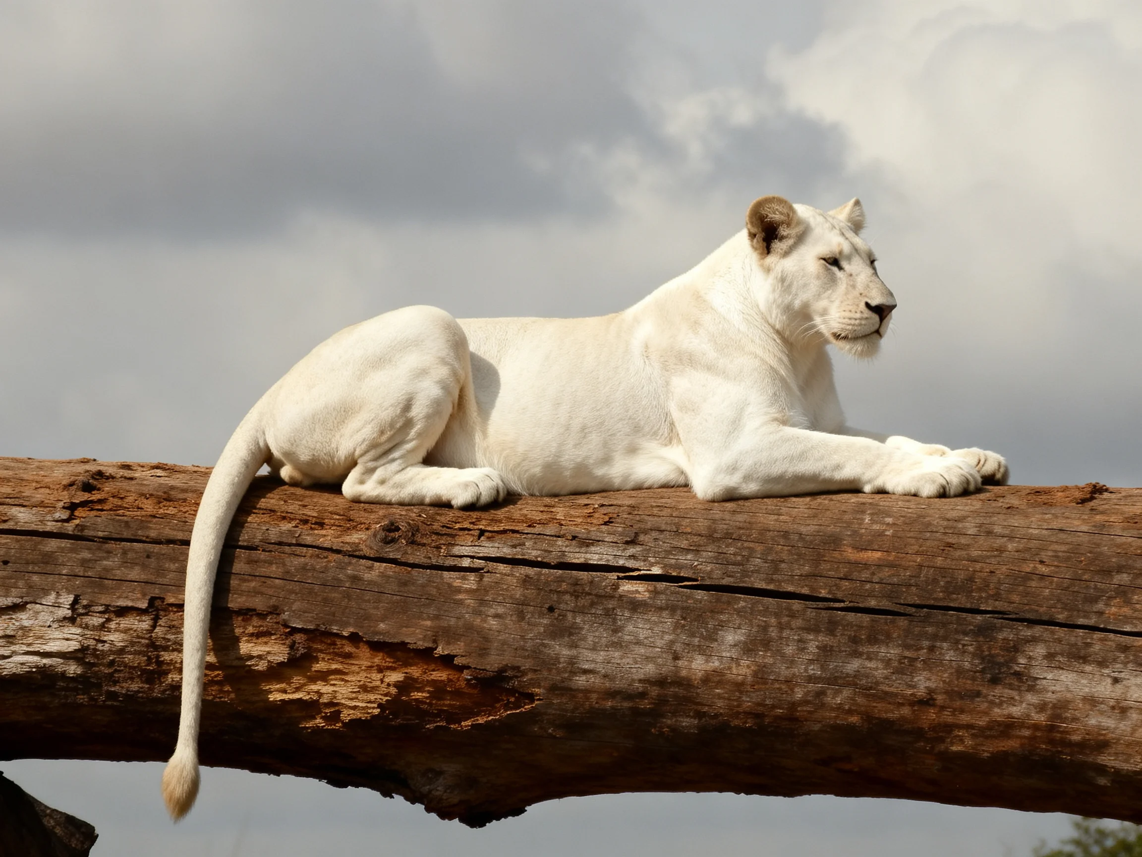 A white lioness lies calmly on a large, aged wooden log