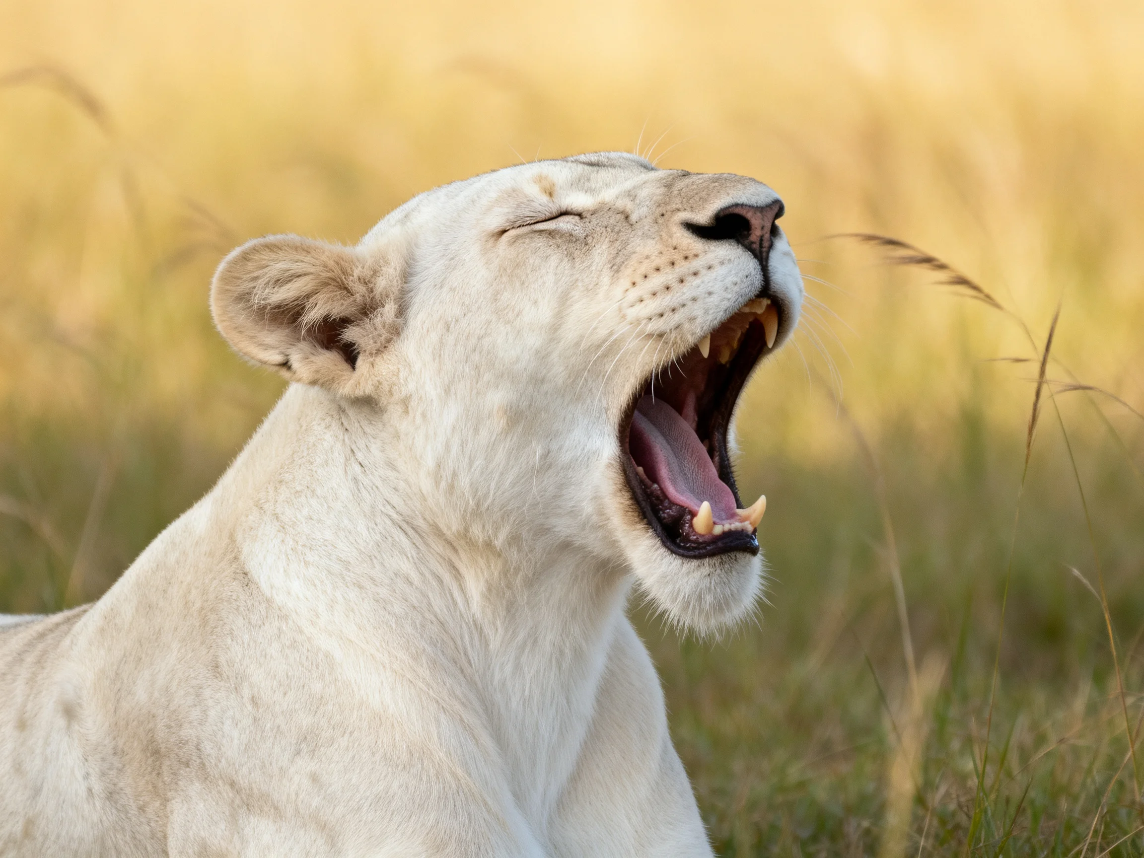 A white lioness yawning in golden savannah grasses
