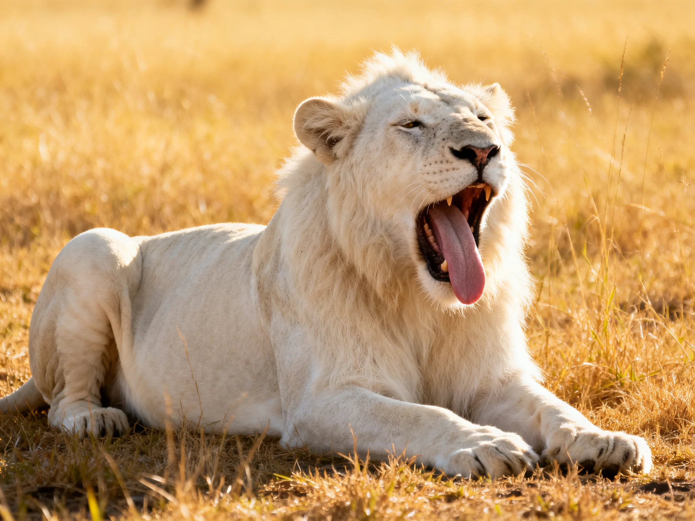 A white lioness yawns in golden savannah grasslands