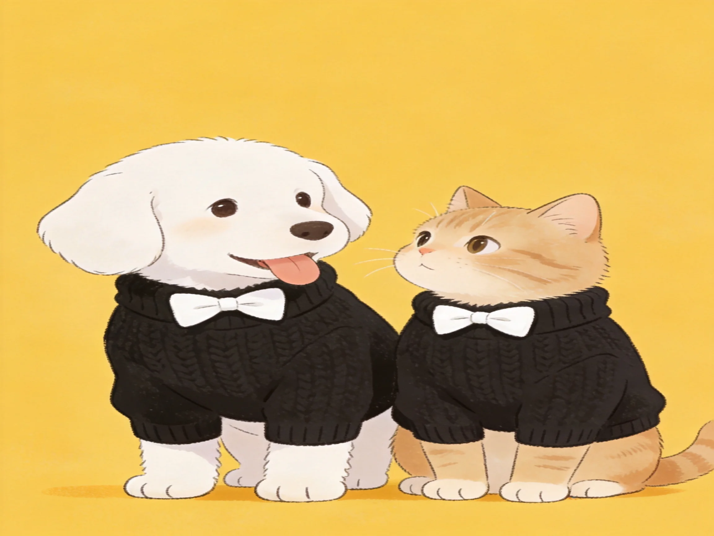 Two pets sit together wearing matching black sweaters.