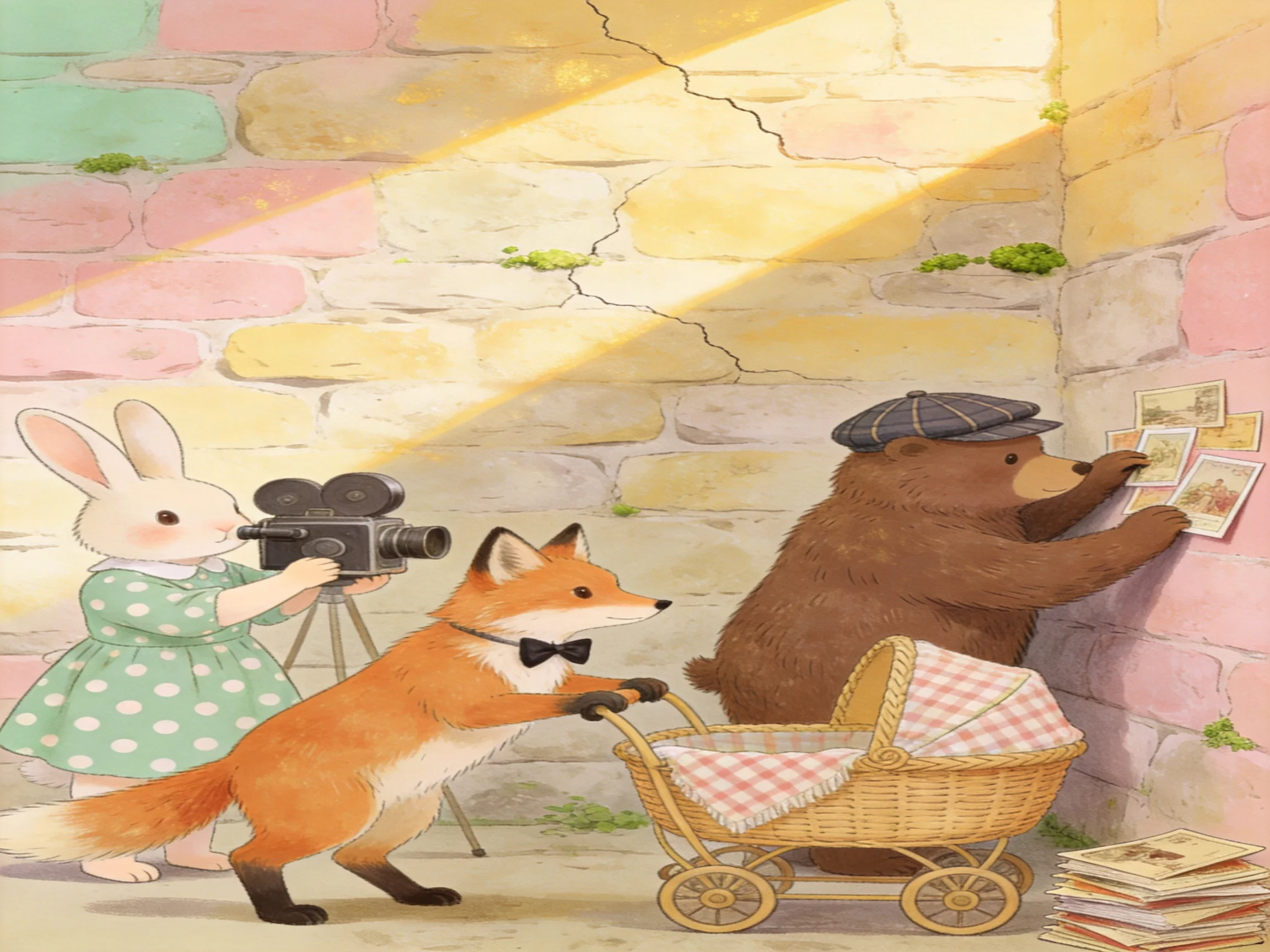 A white rabbit films a fox pushing a carriage near a bear posting pictures