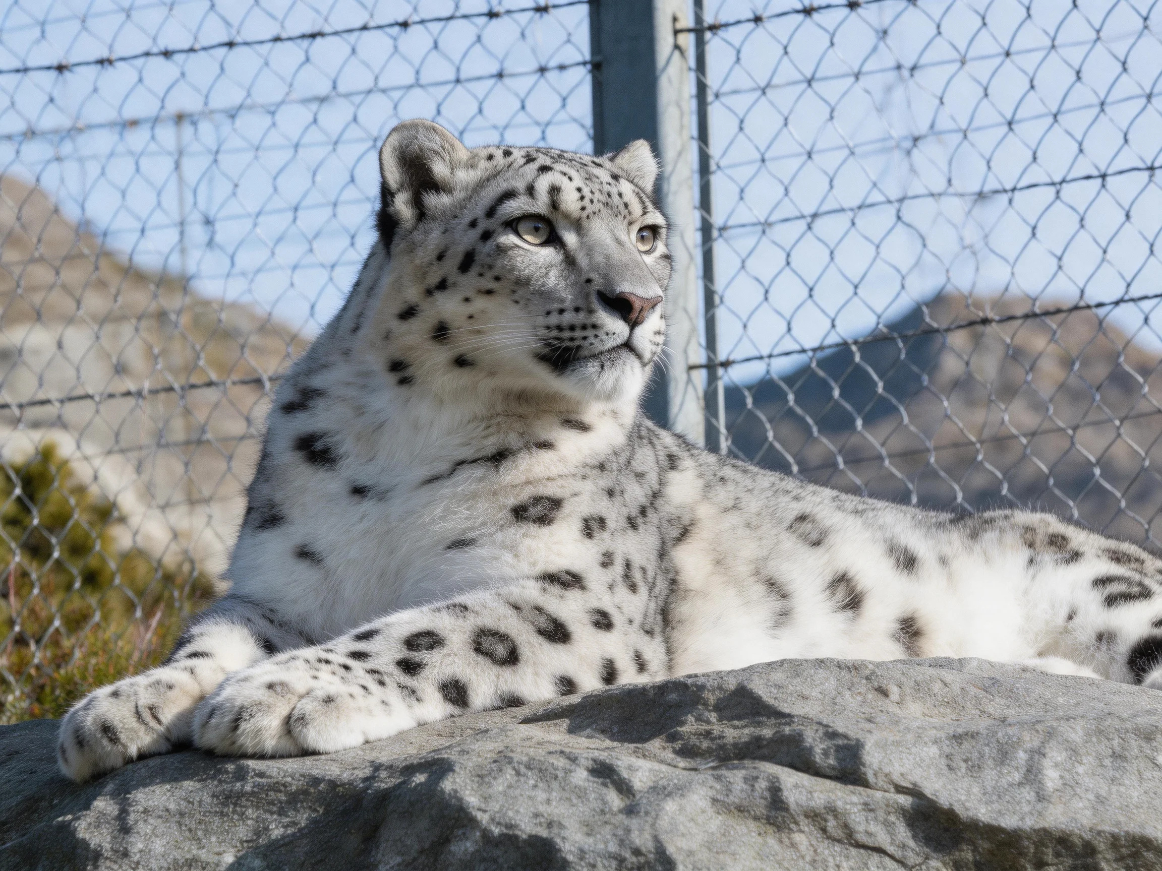 A snow leopard with black spots lies on a rock beside a wire fence.