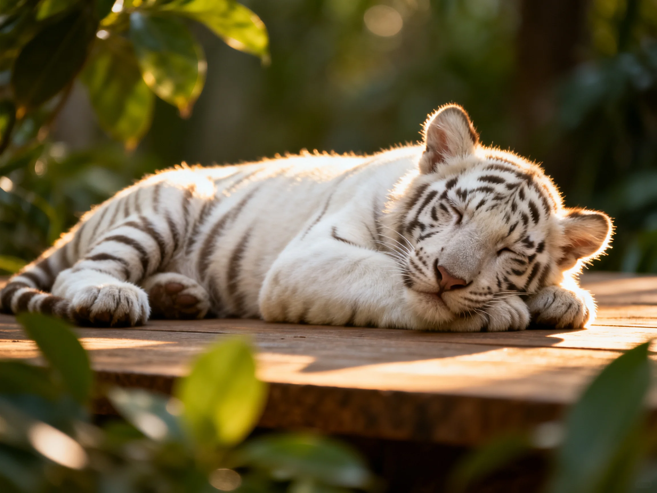 A white tiger cub sleeps on a wooden platform amidst greenery