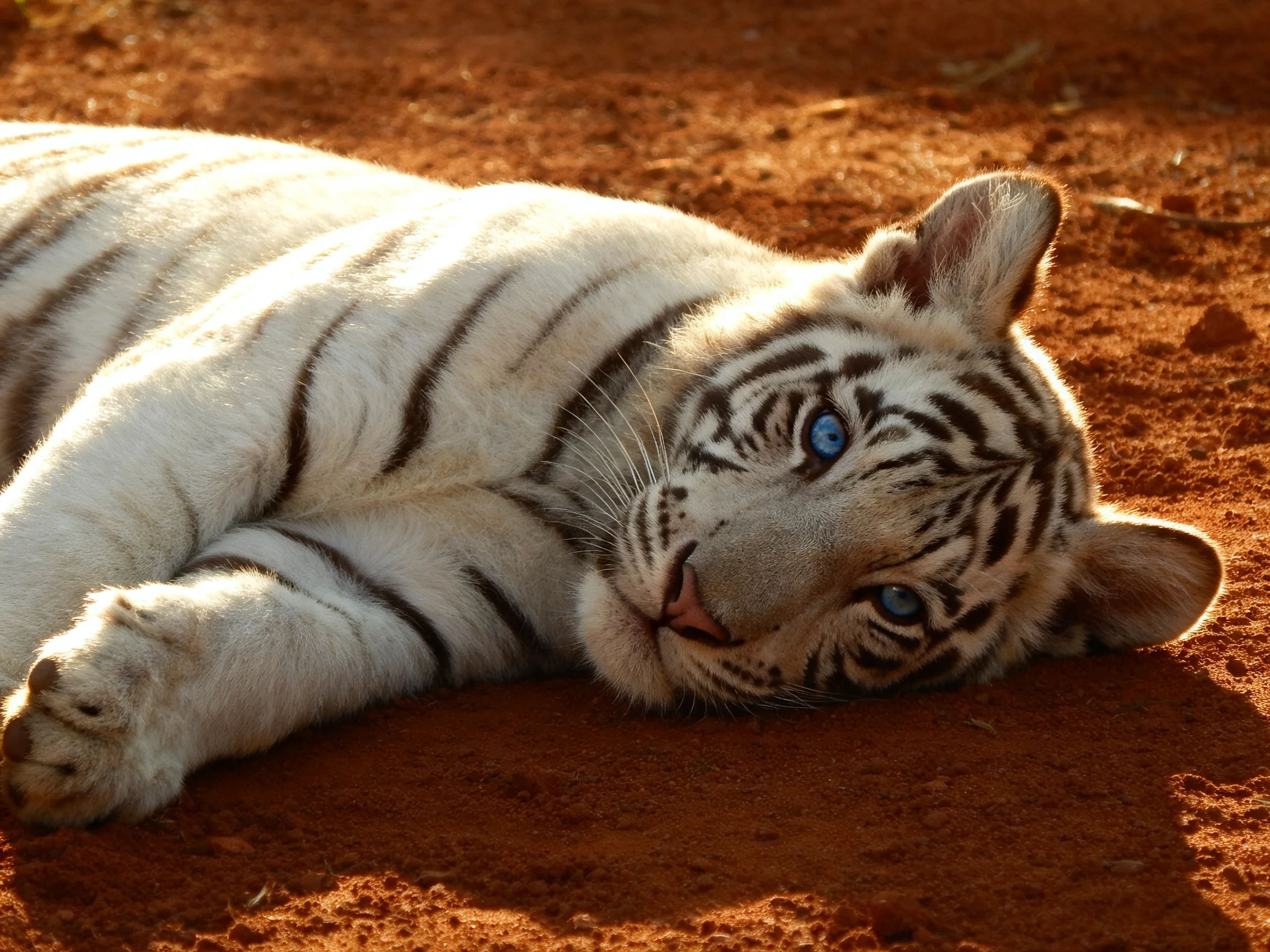 A white tiger cub reclines on reddish earth, gazing toward the viewer.
