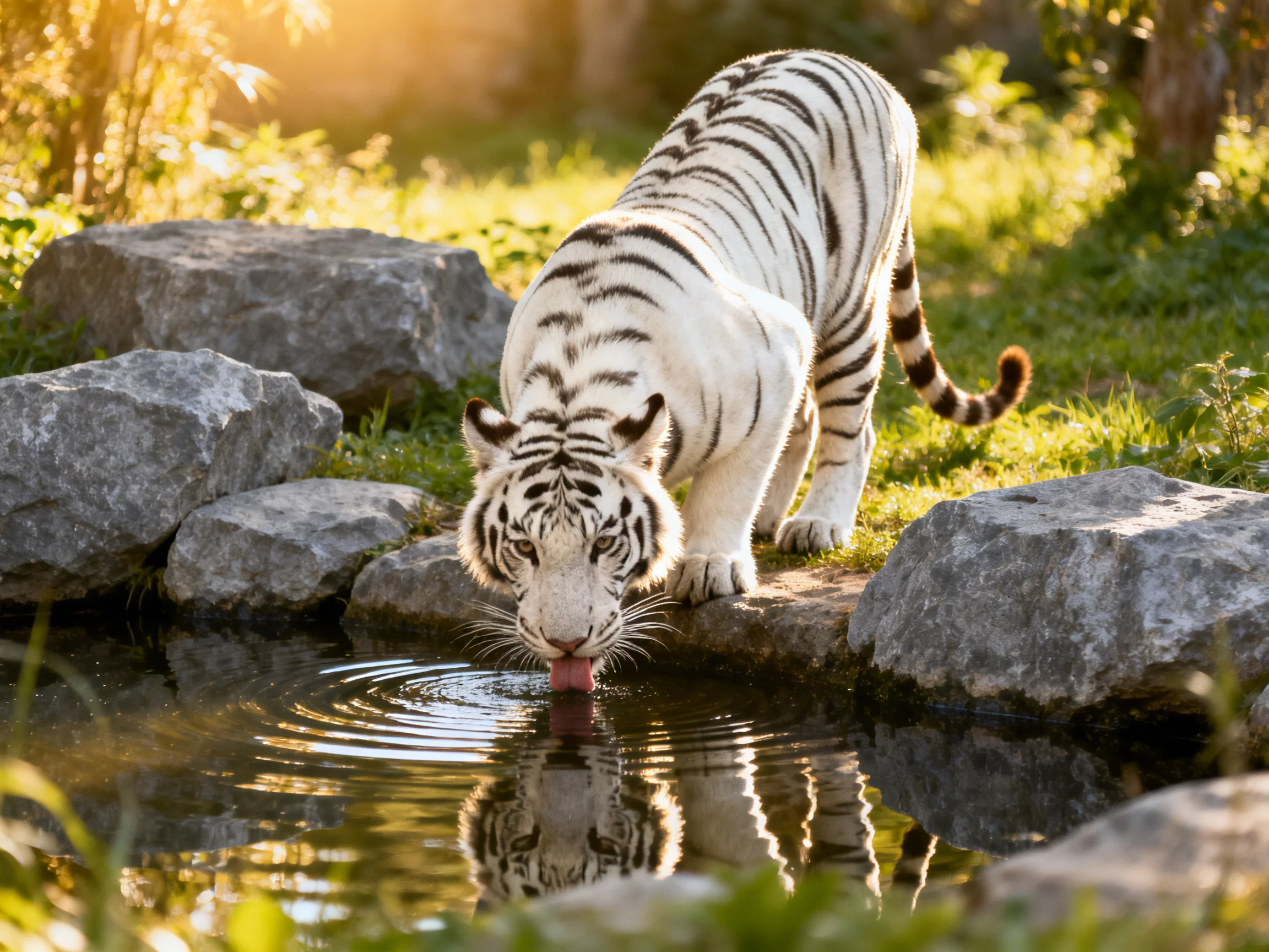 A white tiger drinks from a pond near gray rocks in a sunlit setting.