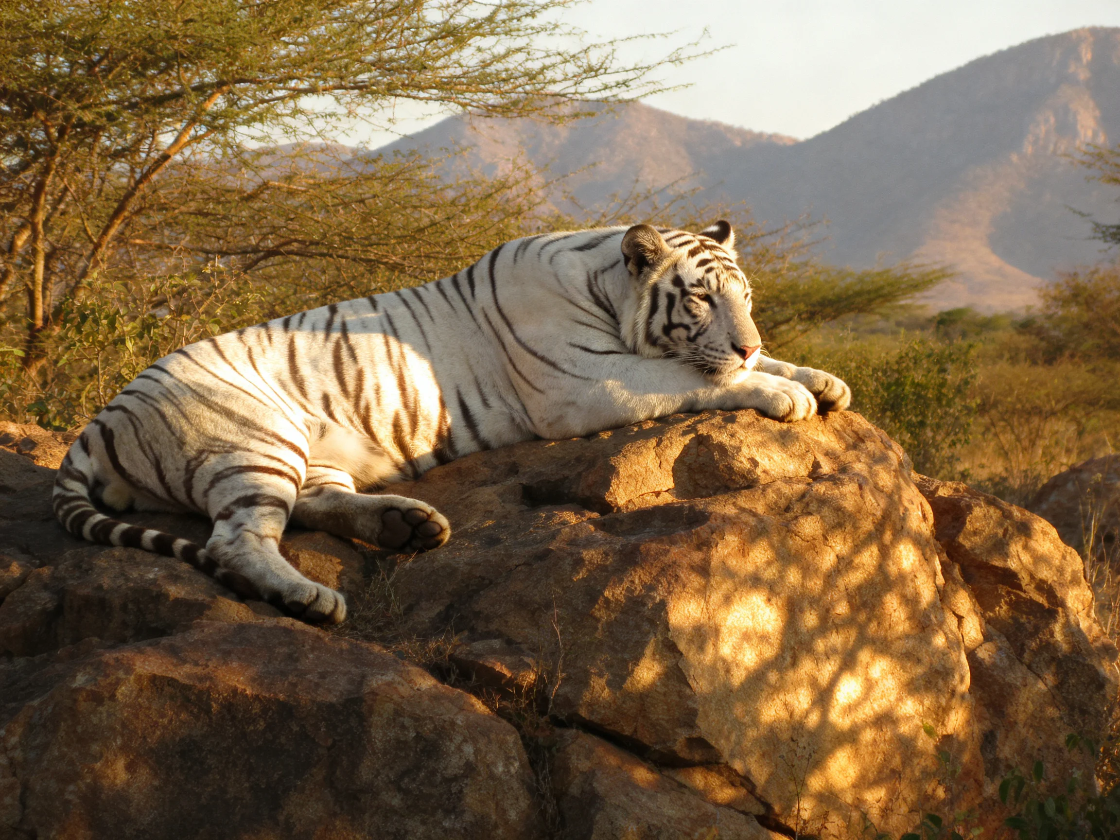 A white tiger relaxes on a large rock within a mountainous savannah setting.