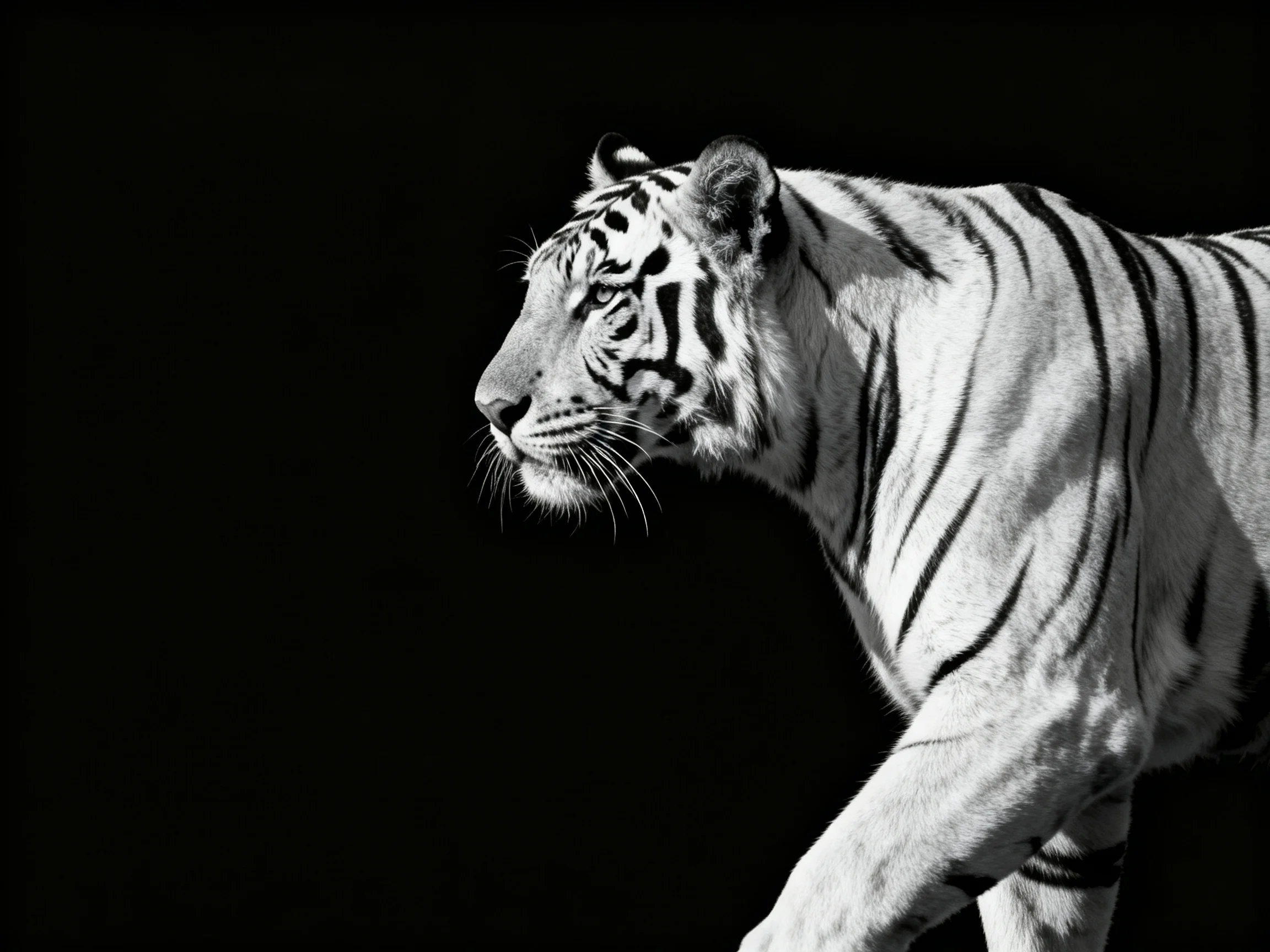 A white tiger moves gracefully against a stark black background