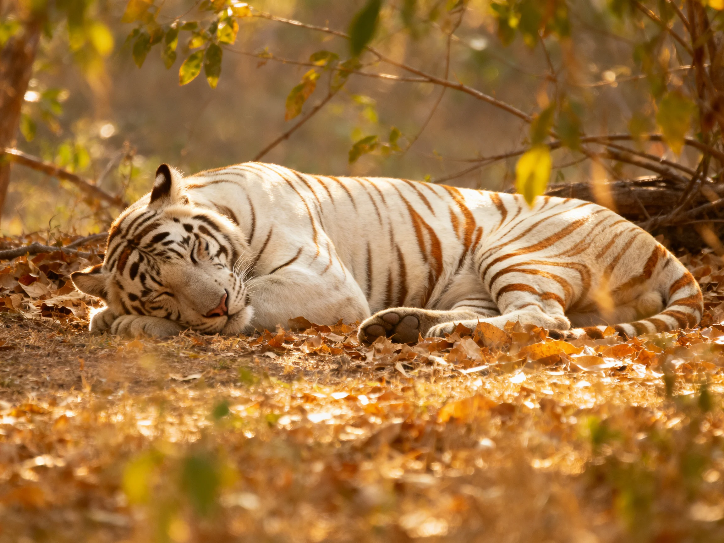 A white tiger with orange stripes sleeps among fallen leaves in a sunlit forest.