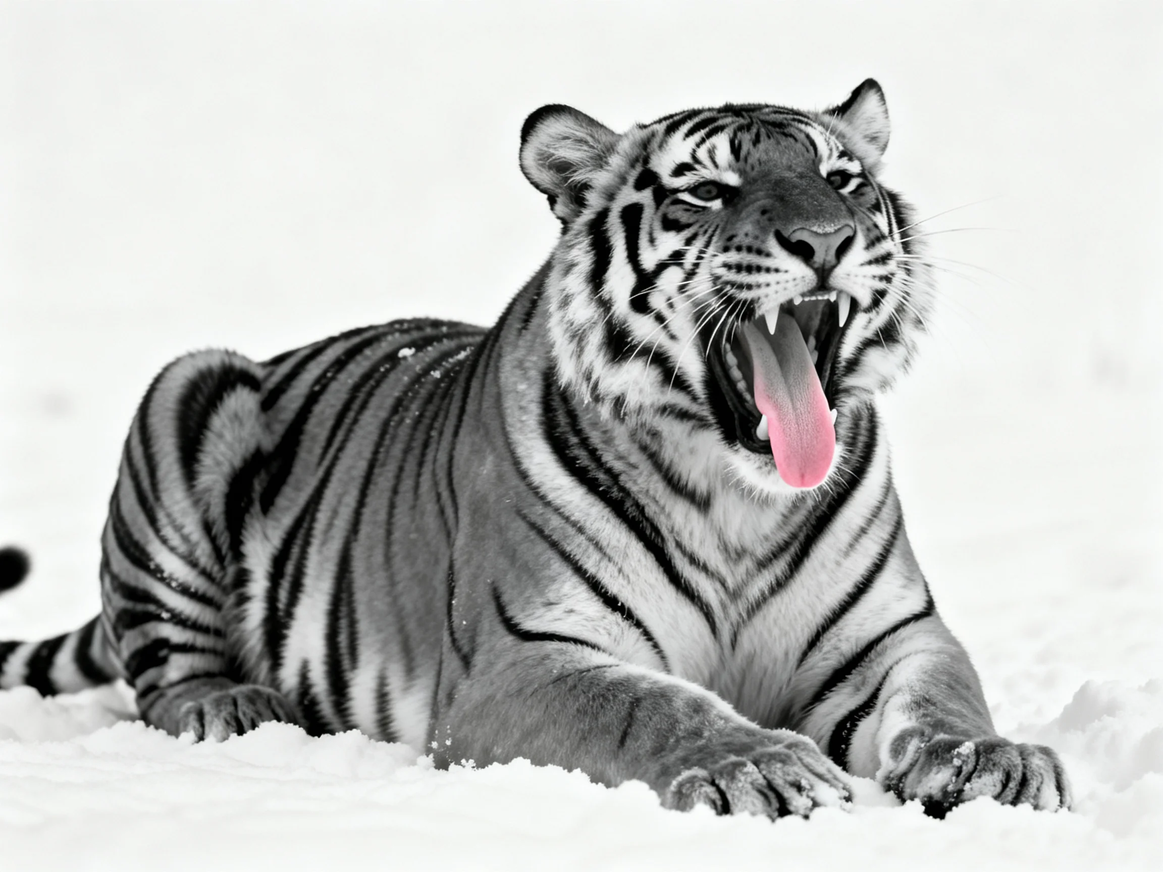 A white tiger rests in snowy landscape with pink tongue