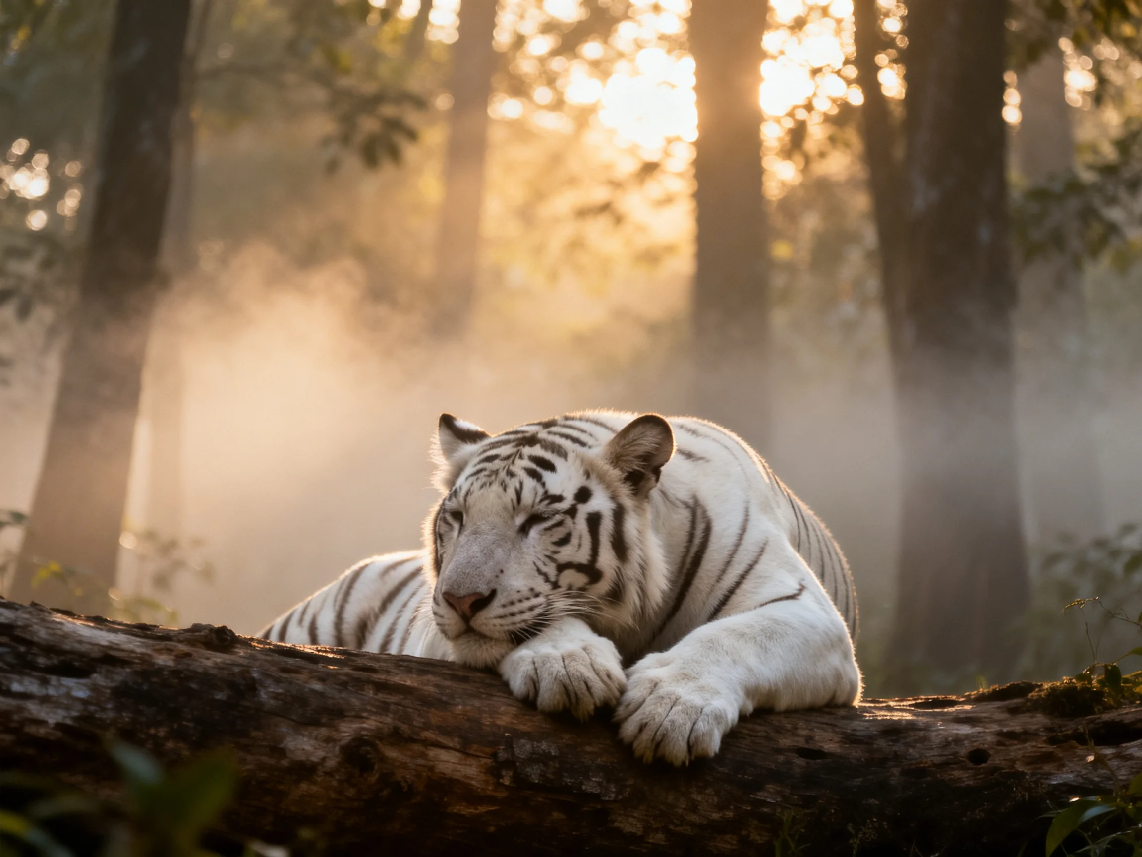A white tiger relaxes on a log in a sunlit, misty forest setting.