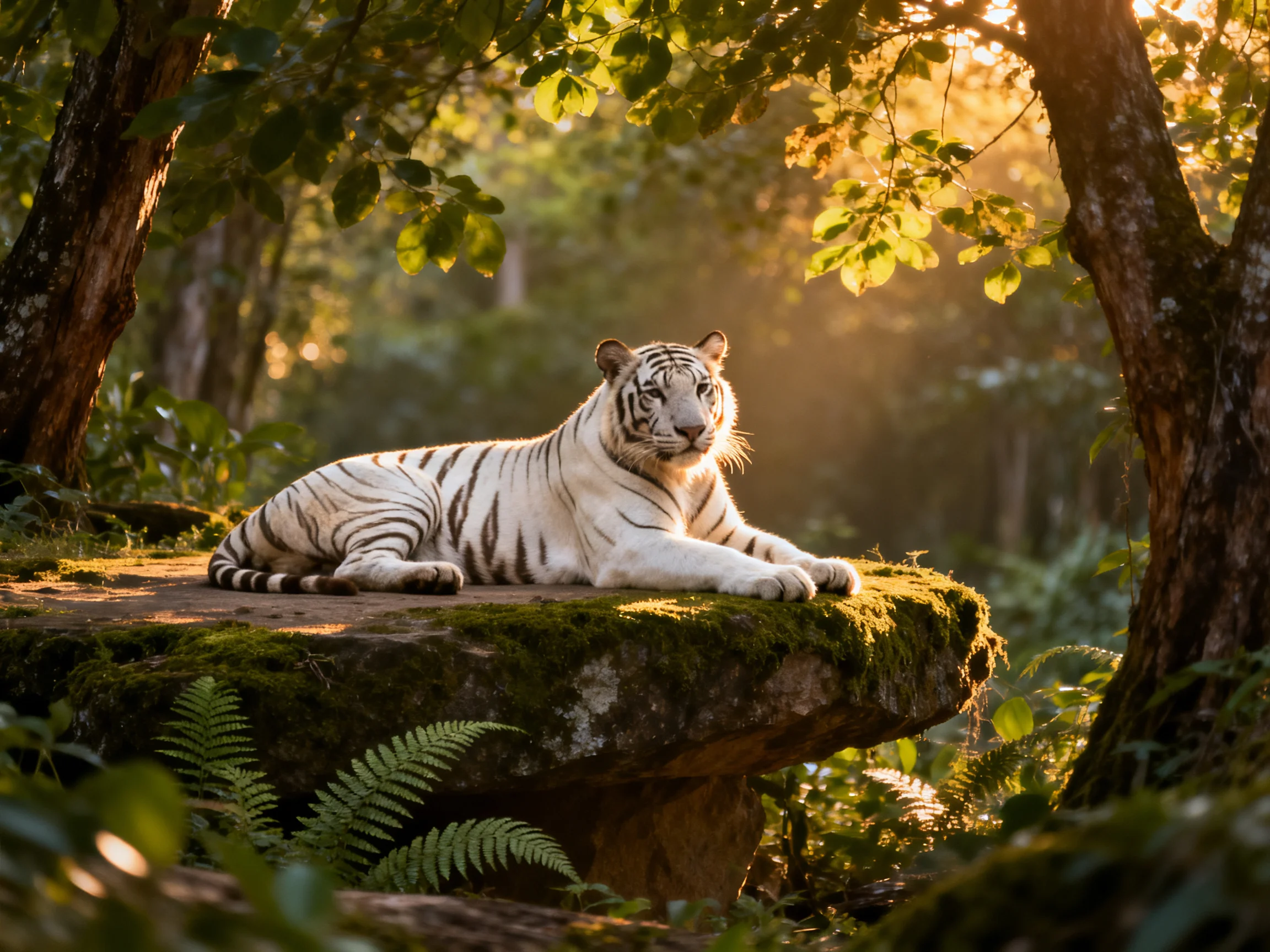 A white tiger relaxes on a mossy rock amidst a sunlit forest.