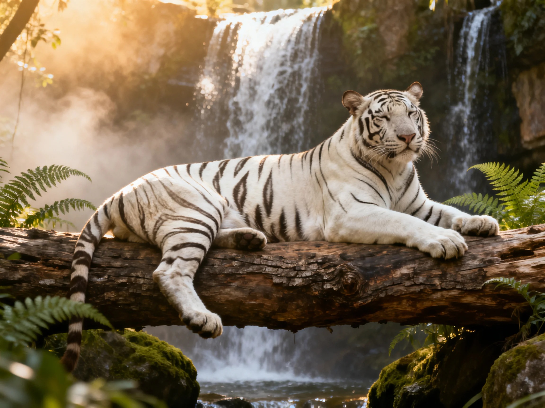 A white tiger relaxes on a log beside a waterfall in a lush environment.