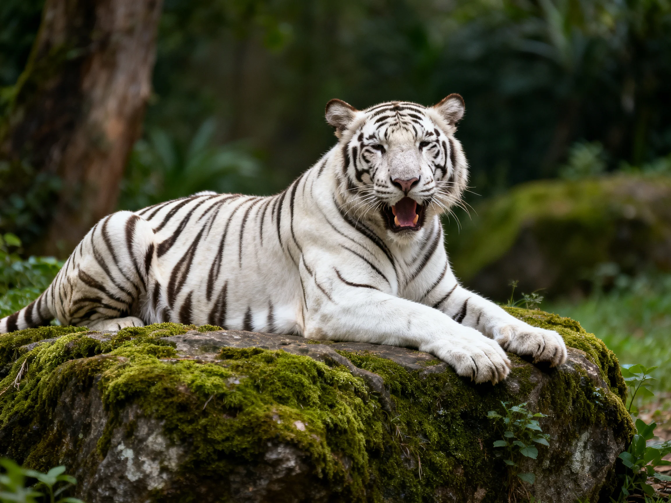 A white tiger relaxes on a mossy rock in a forest environment.