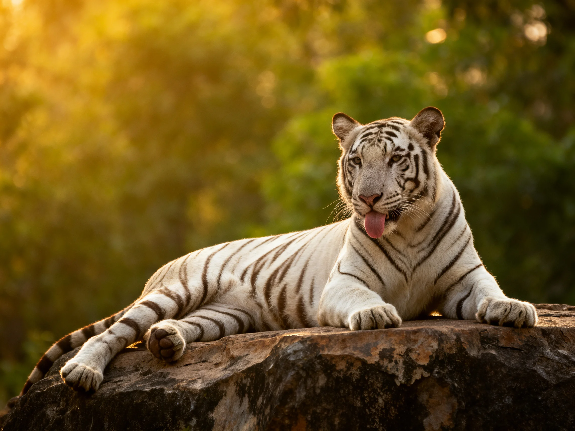 A white tiger rests on a rocky outcrop amid lush green foliage under golden sunlight