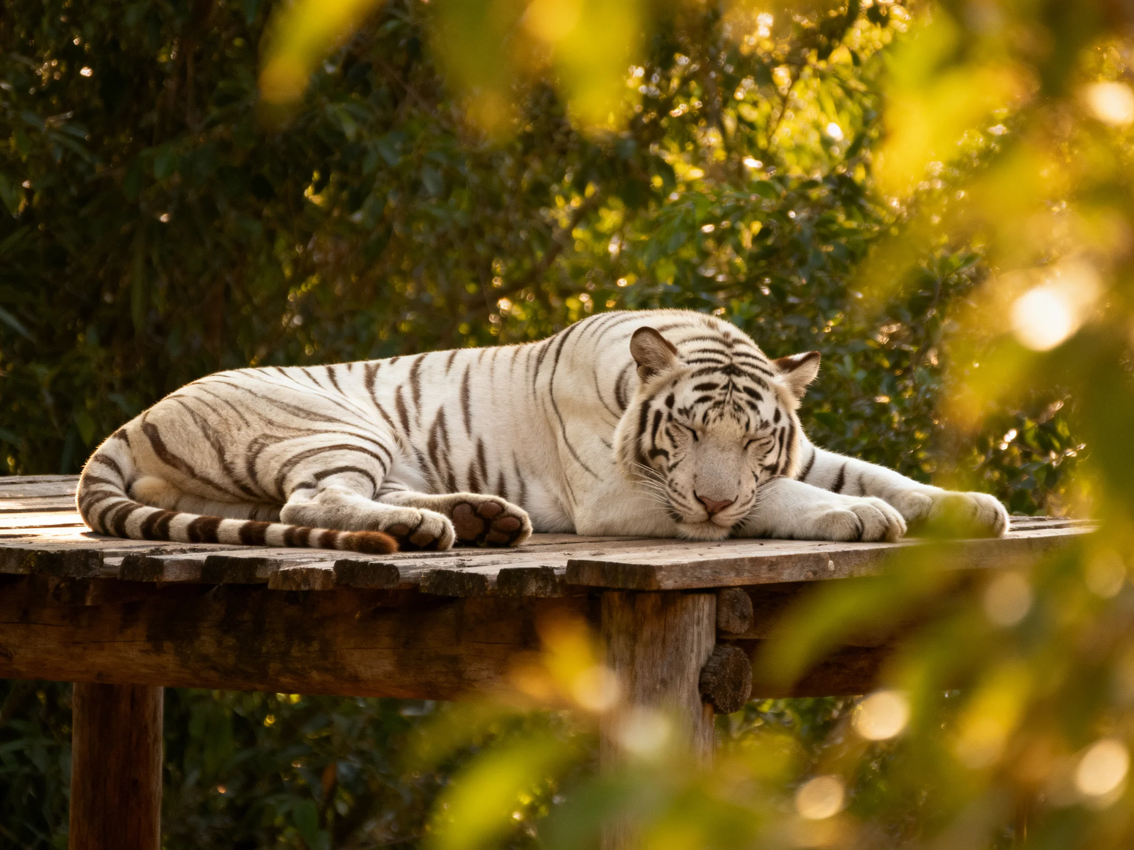 A white tiger sleeps on a wooden platform surrounded by greenery