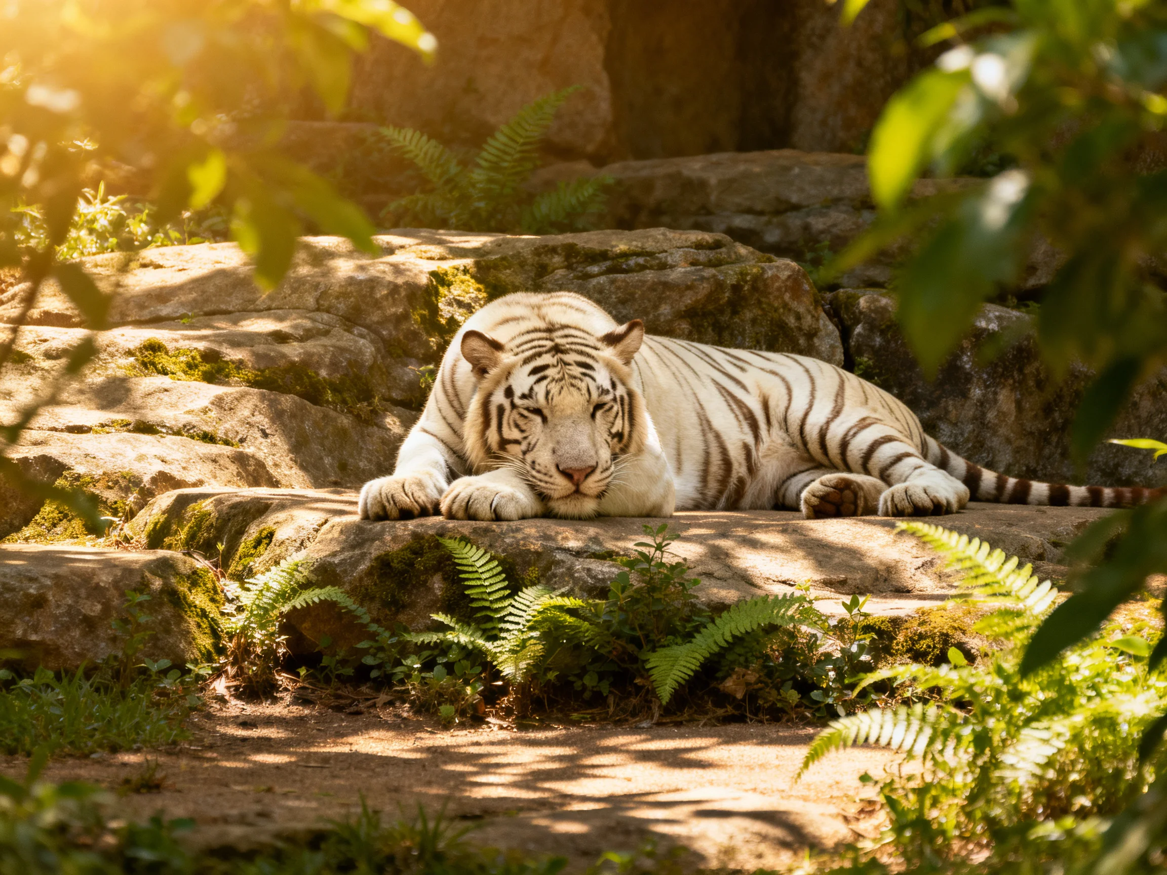 A white tiger rests on moss-covered rocks amid ferns in golden light